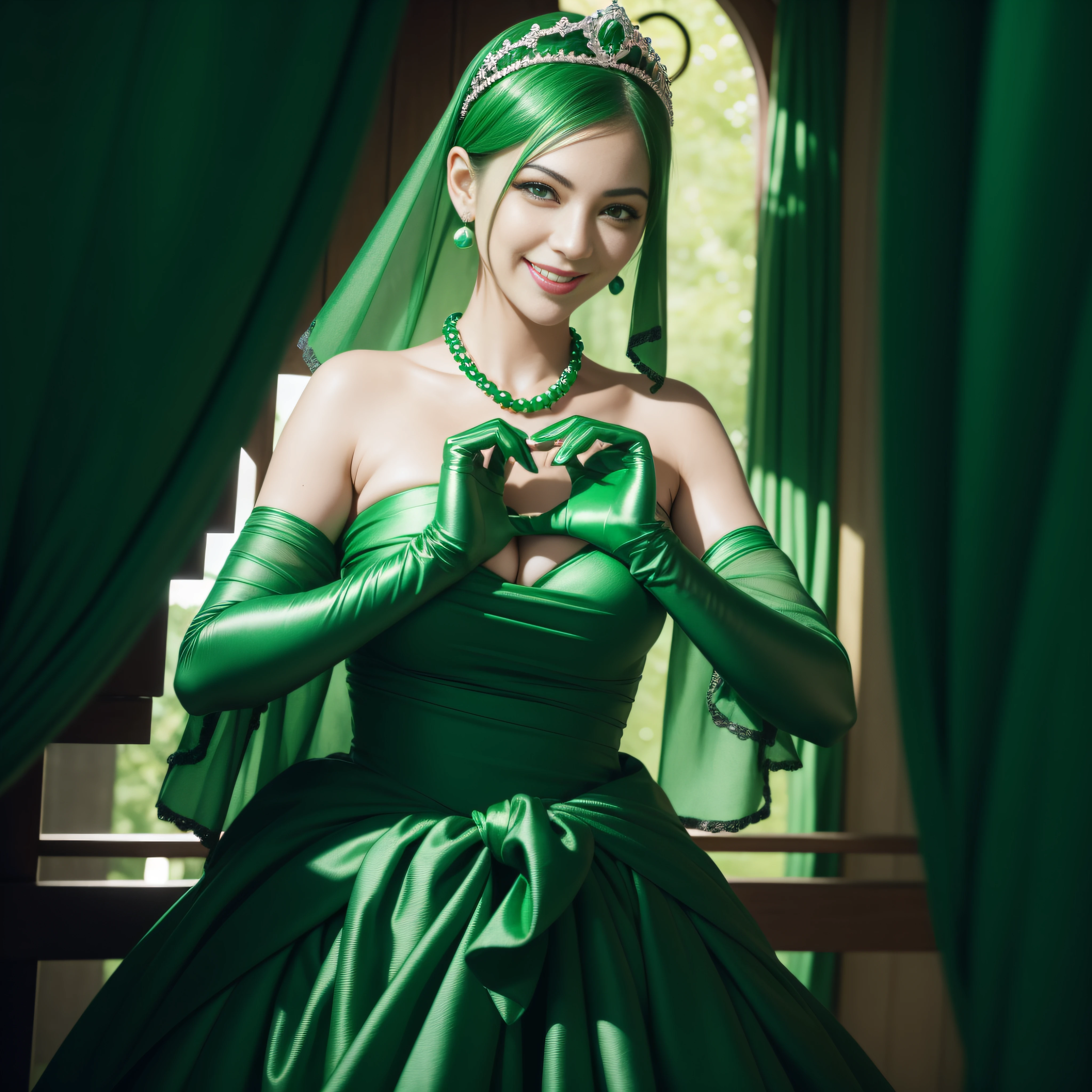 emerald tiara, Green Pearl Necklace, Boyish very short green hair, lipsticks, Japan woman smiling, very short short hair, big breasts beautiful, Green eyes, Long green gloves made of satin material, Green eyes, Emerald Earrings, green vale, Heart with both hands