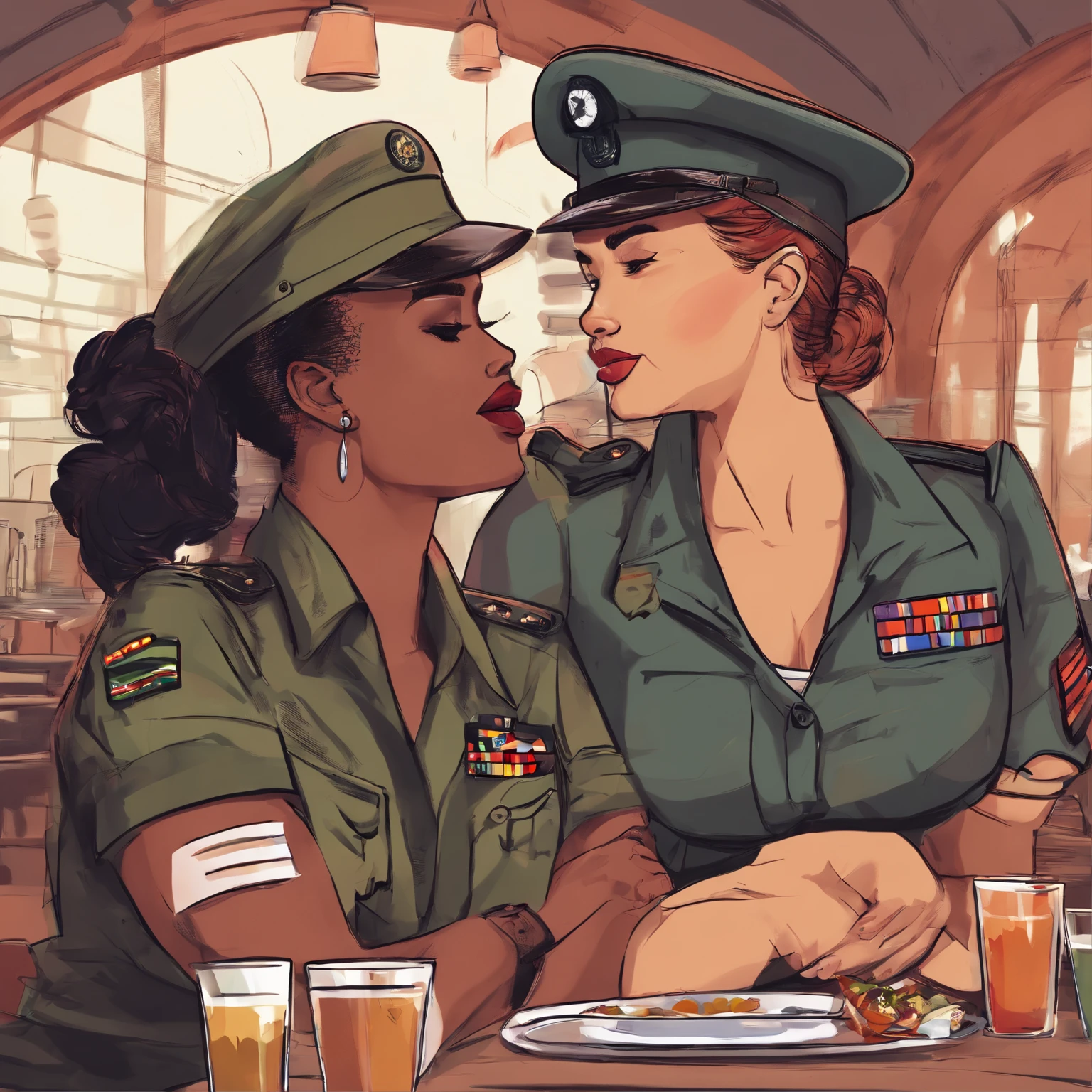 Curvy lesbian couple happy kissing, slim butch and femme at a restaurant dressed in military uniform