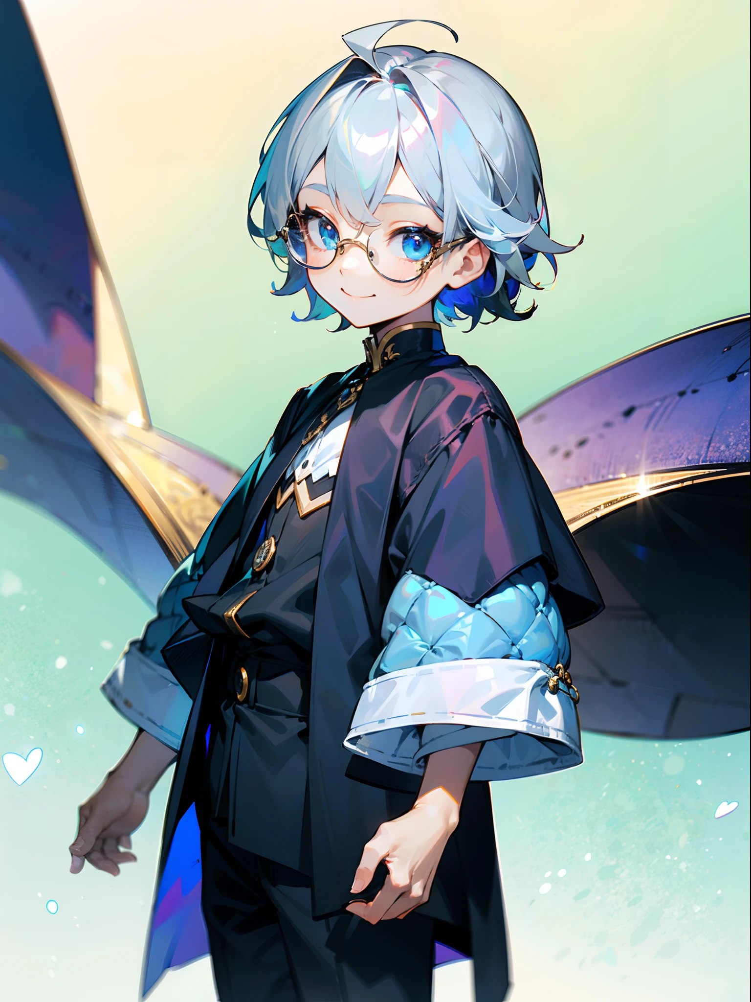 (Male , eye glasses,blue eyess,A smile, silber hair),独奏、Iridescent background、Leader Model Pose