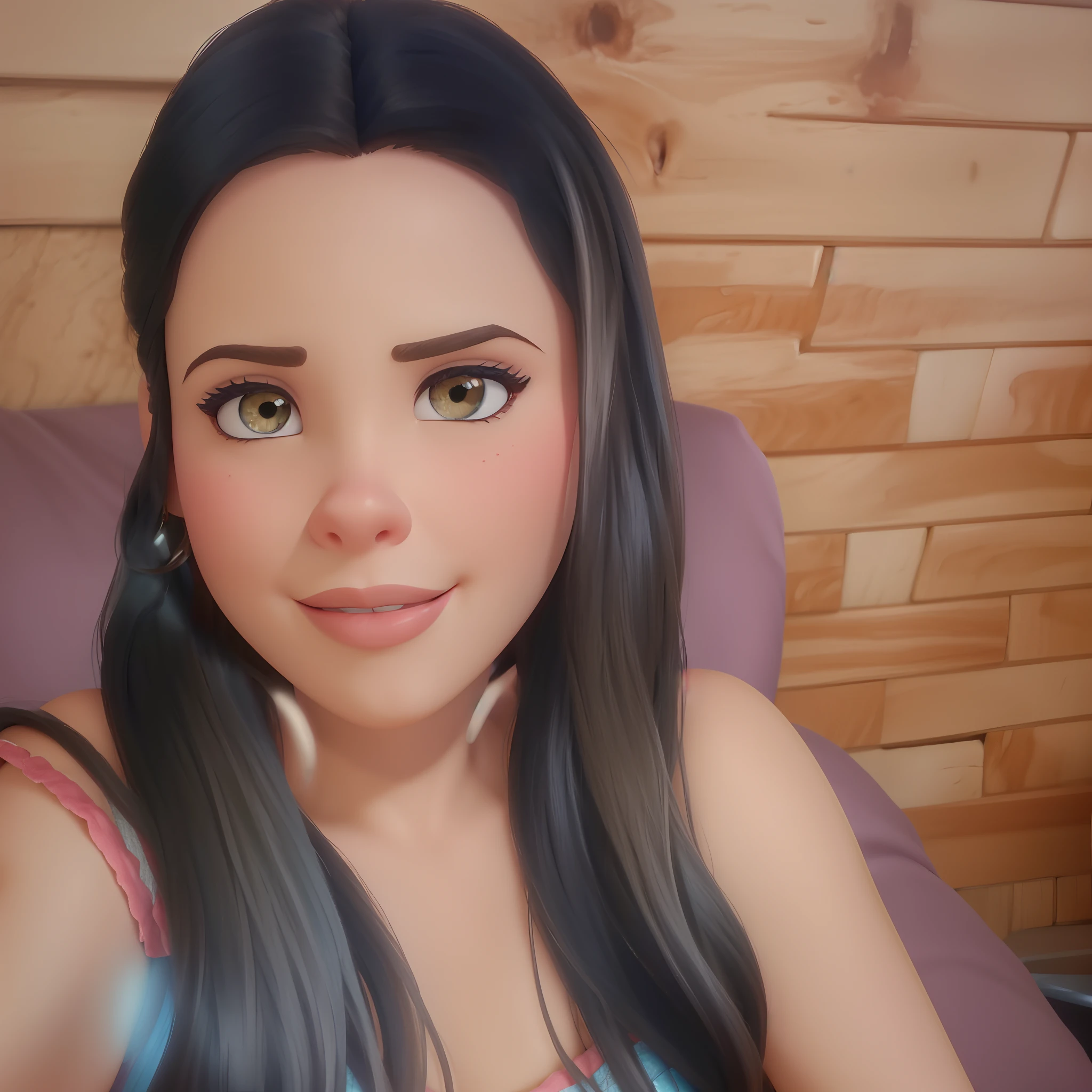 Beautiful brunette woman in Disney Pixar animation poster style, olhos castanhos claros perfeitos, cabelos pretos e sedosos, alta qualidade, melhor qualidade