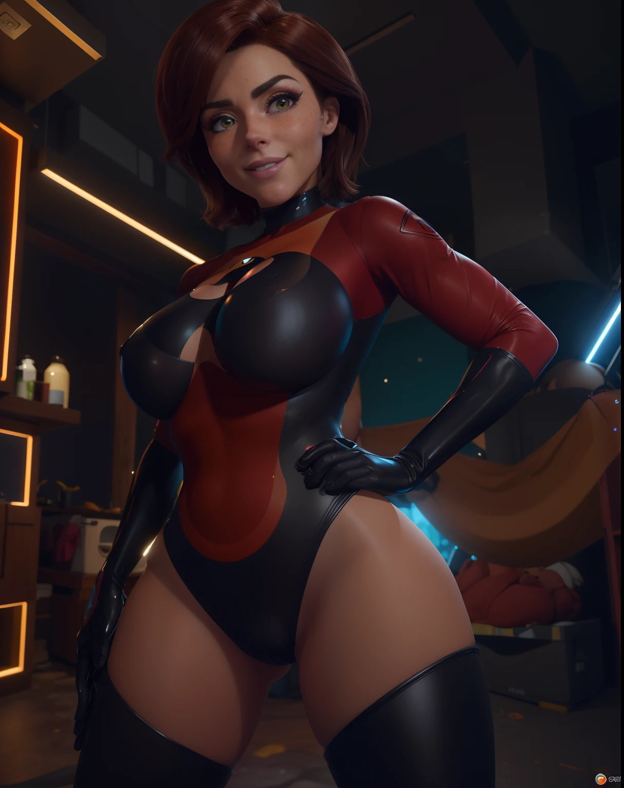 ElastigirlHelenParr una mujer vestida con redes rojas y medias de tanga y guantes negros, tetas enormes, muslos gruesos, caderas anchas, culo enorme,
obra maestra, highres, fotorrealista, mejor calidad, perfect ilumination, 8k, realista, fotorrealista, ultra detallado,