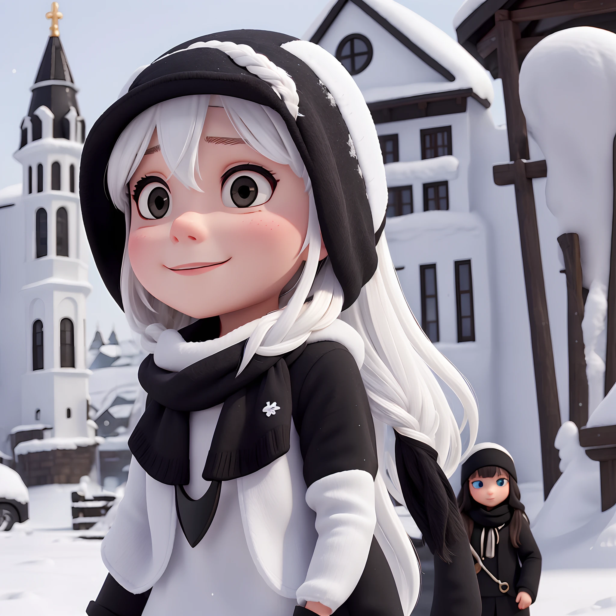 Girl with white long hair with bangs using black necklace in Russia in snow wearing black snow mask, black scarf, Black cap, black mask