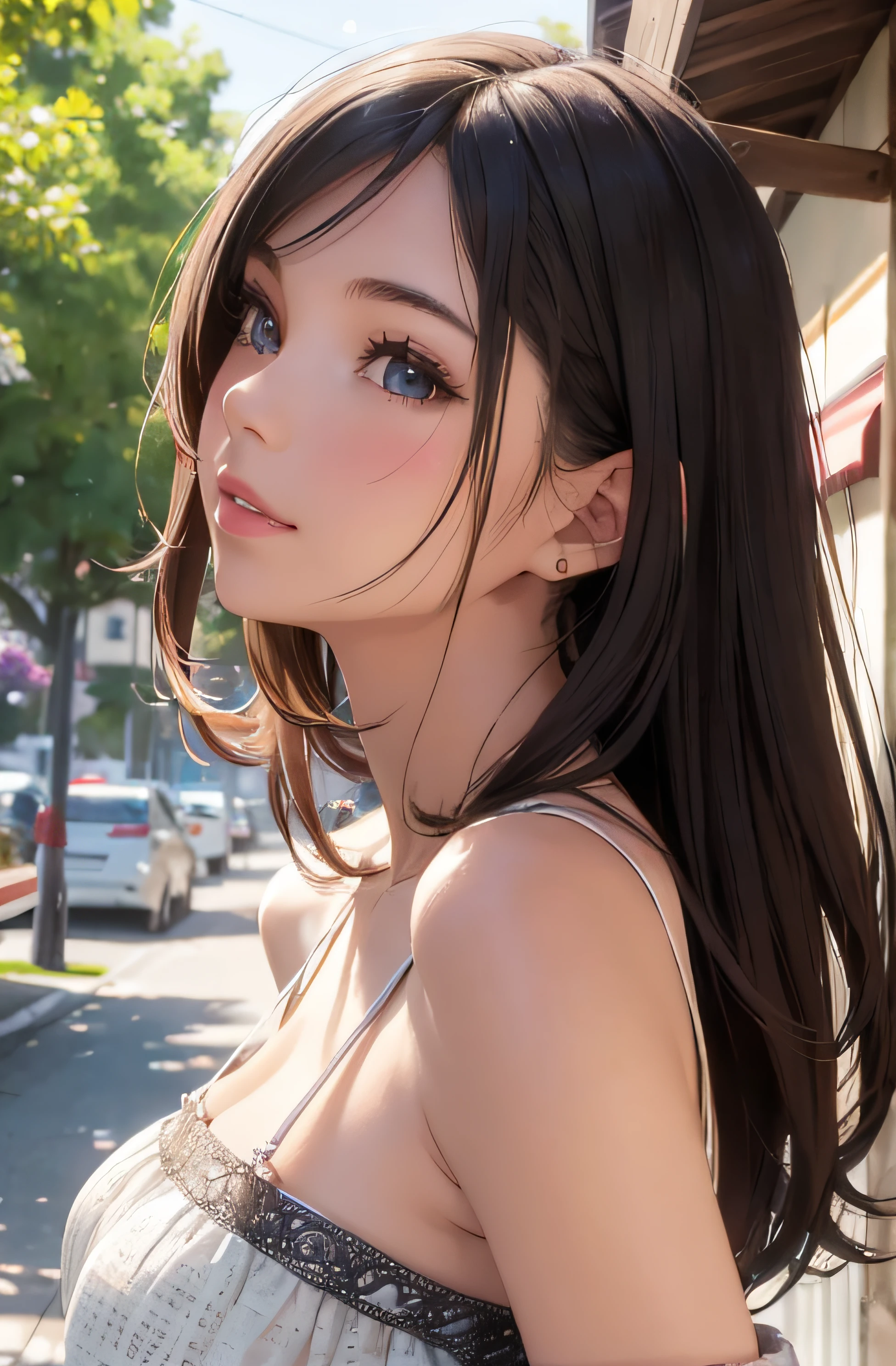 (masterpiece, best quality, highest detailed), highly detailed, photorealistic:. 1.4, UHD, trending on artstation, cute face, most beautiful in the world, long dark hair, large sagging breasts, soft, delicate, (huge), (white tank top), (hires textures, detailed skin), sexy figure, sexy pose, seductive