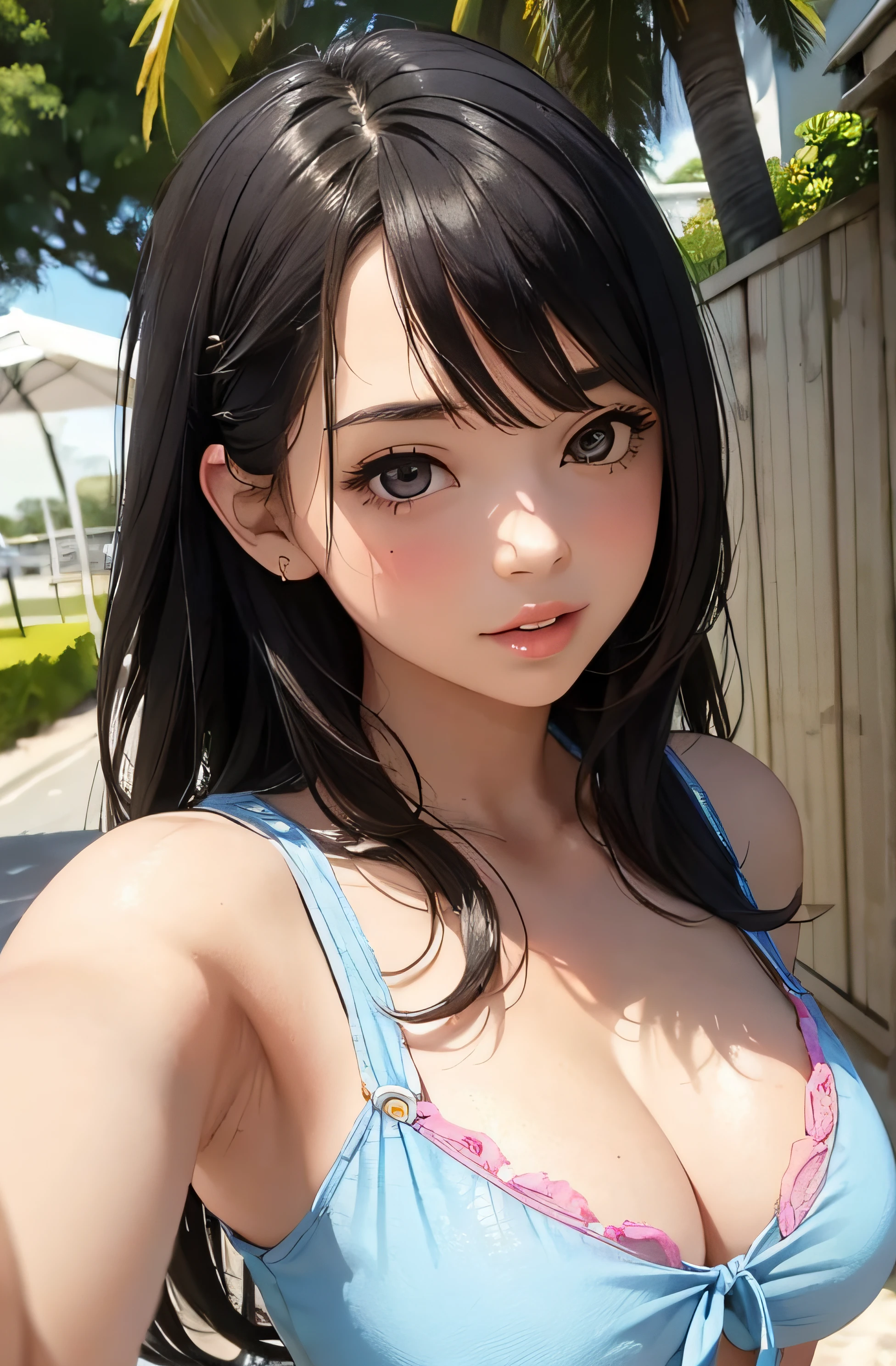 girl in summer clothes, side shot,((selfie)), random background, kiss, beautiful, medium breasts, flirtatious look, ((very detailed)), (perfectly detailed face), (well detailed hand), photorealistic image.