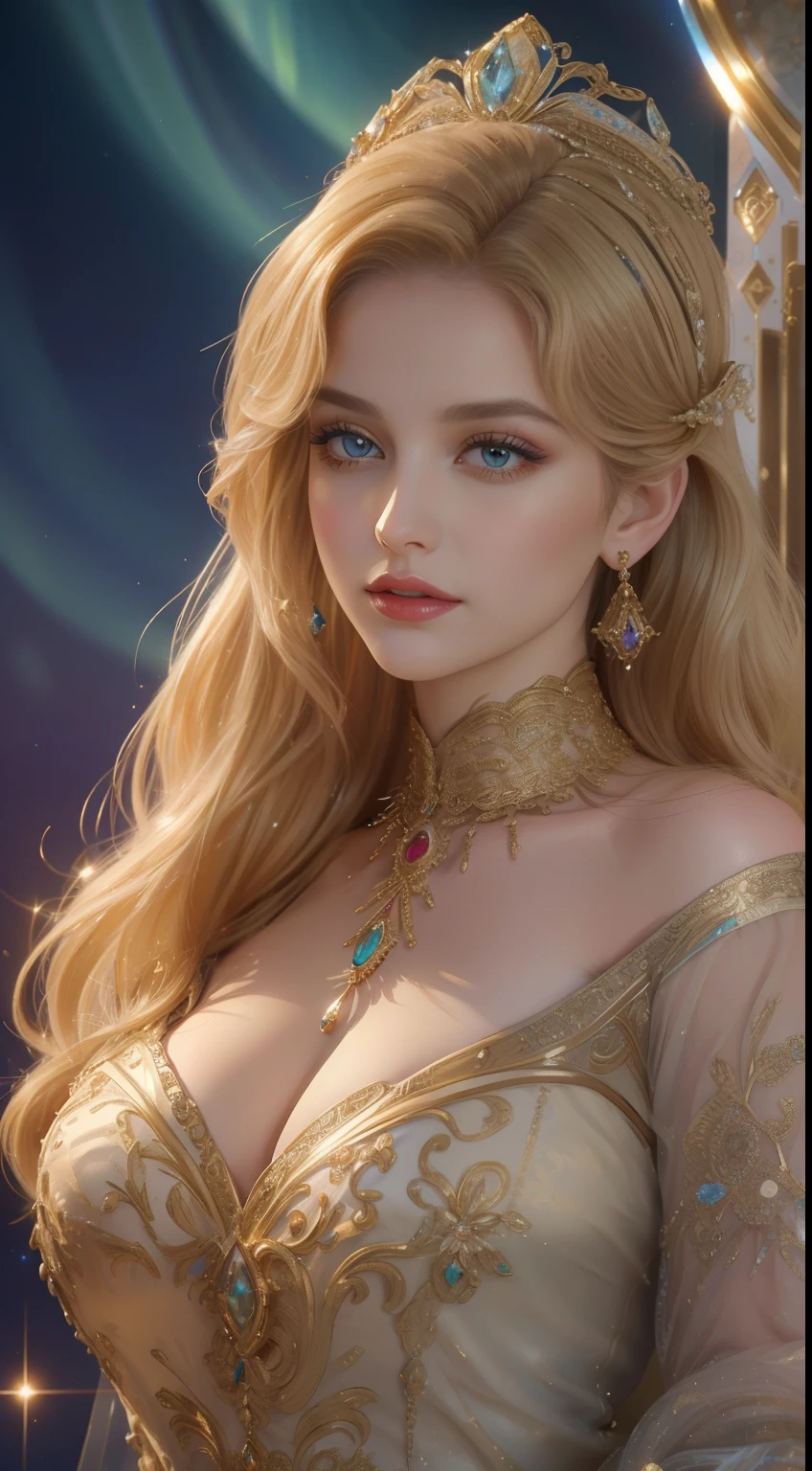 tmasterpiece,Highest image quality,Beautiful bust of a royal lady,Delicate blonde hairstyle,Embellished with a dazzling array of intricate jewelry,super detailing,upscaled , wearing lots of golden shinning jewelleries , wearing golden jeweled shinning gown , shinning aurora lights , golden crystal eyes.