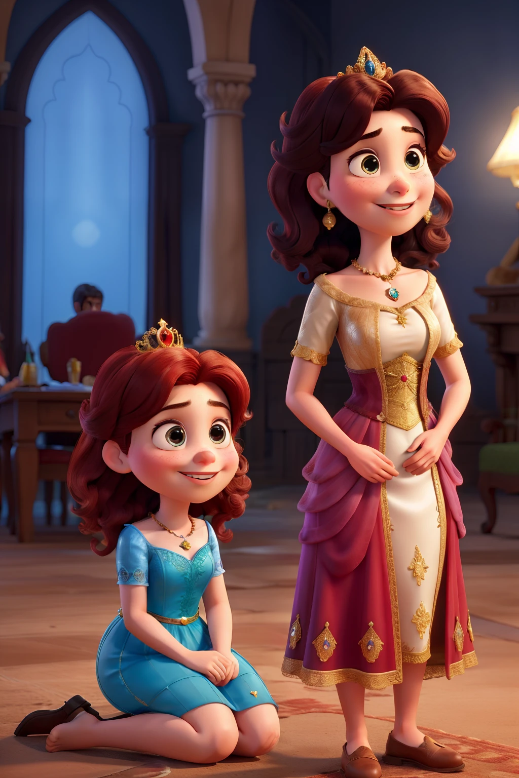 Duas princesas adultas com o cabelo castanho, cacheado e curto. Pixar disney