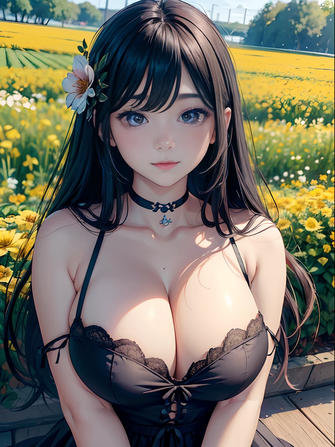 A teenage girl、(​masterpiece:1.4)、(in 8K、realisitic、Raw photo、top-quality:1.4)、(Real Face:1.4)、(real looking skin:1.3)、超A high resolution、A hyper-realistic、Eyes in Beautiful Details、Long black hair、Floral hair ornament、Black dress、no-bra、(huge-breasted:1.5)、gargantilha、Blushing、smil、alluring face、flower  field、I'm holding a bouquet of flowers