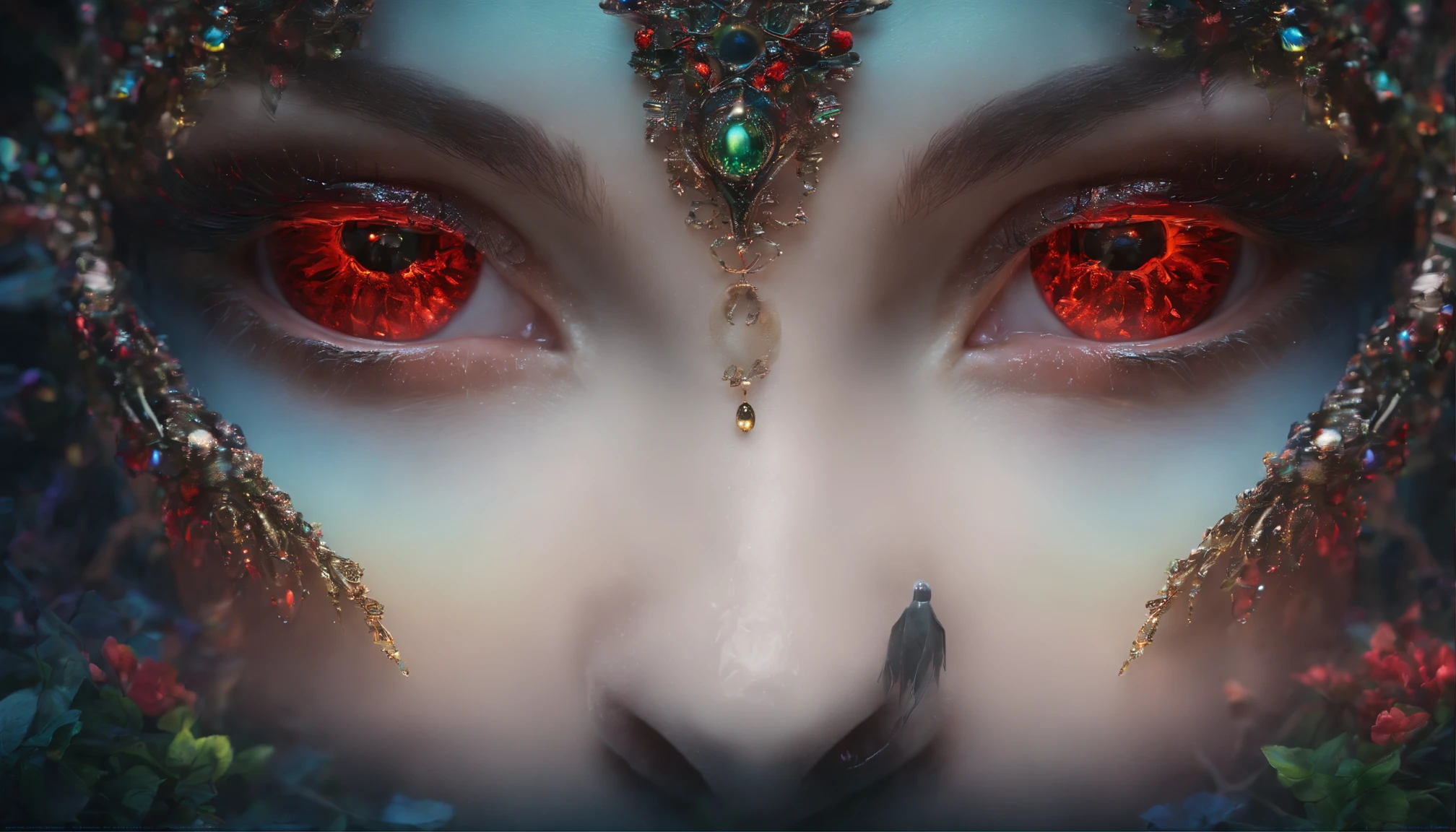 8K, Dark_Fantasy, delicate face, (delicate glass pupil: 1.5), standing full body portrait, black in one eye, red in one eye, 1 person, cyber armour, rainbow garden