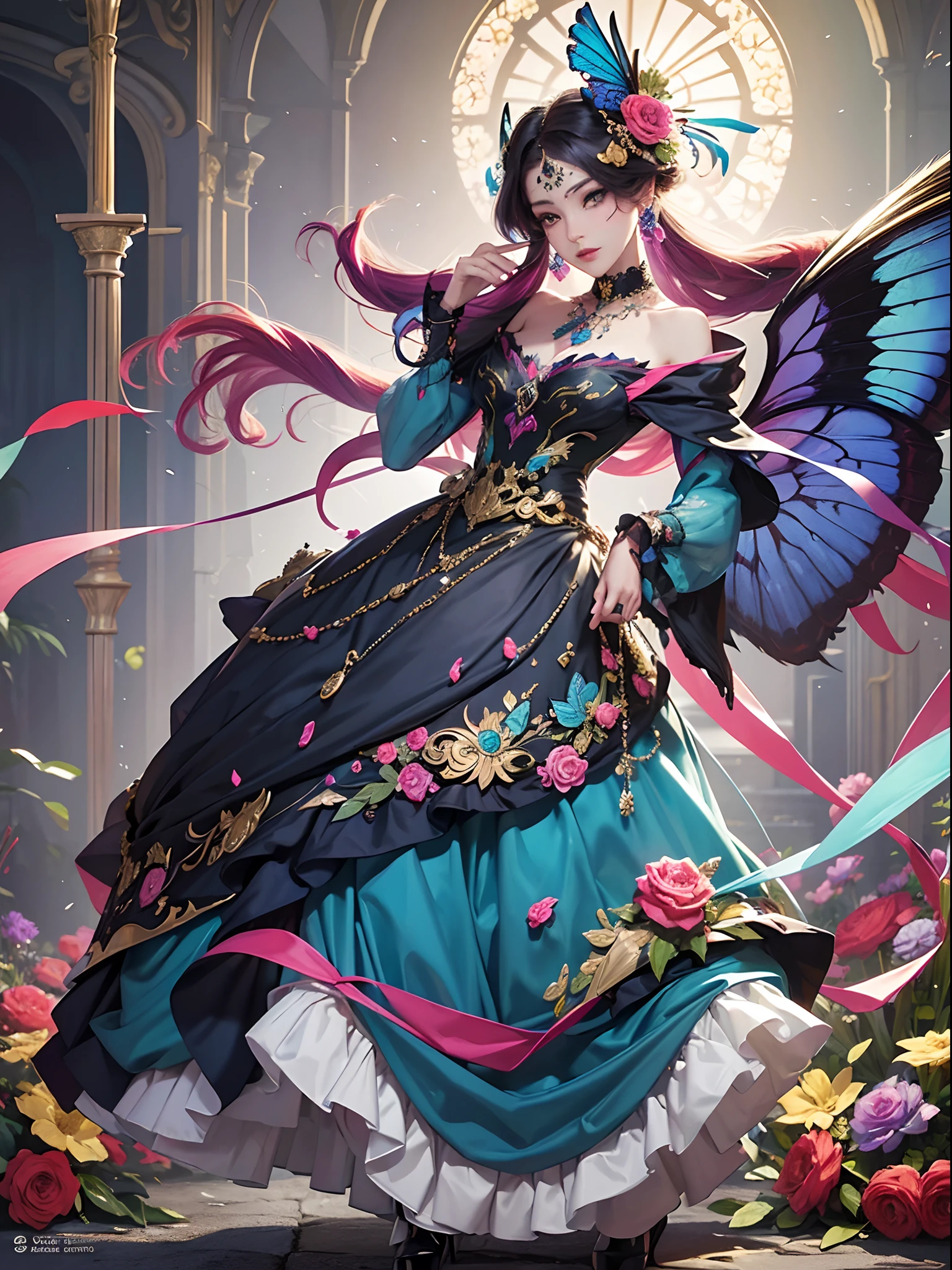 Vibrant colors、((masterpiece)))、(((top-quality)))、((ultra-detailliert))、(A hyper-realistic)、(highly detailed CGillustration)、Official art、Milan at the beginning of the 20th century、Decadent、Madame Papillon、Masquerade、Elegance、Masks that cover most of the face、Colorful and detailed mask design、matchless beauty、Fans、gorgeous dress、jewely、Perfect Angle、perfect-composition、full body Esbian