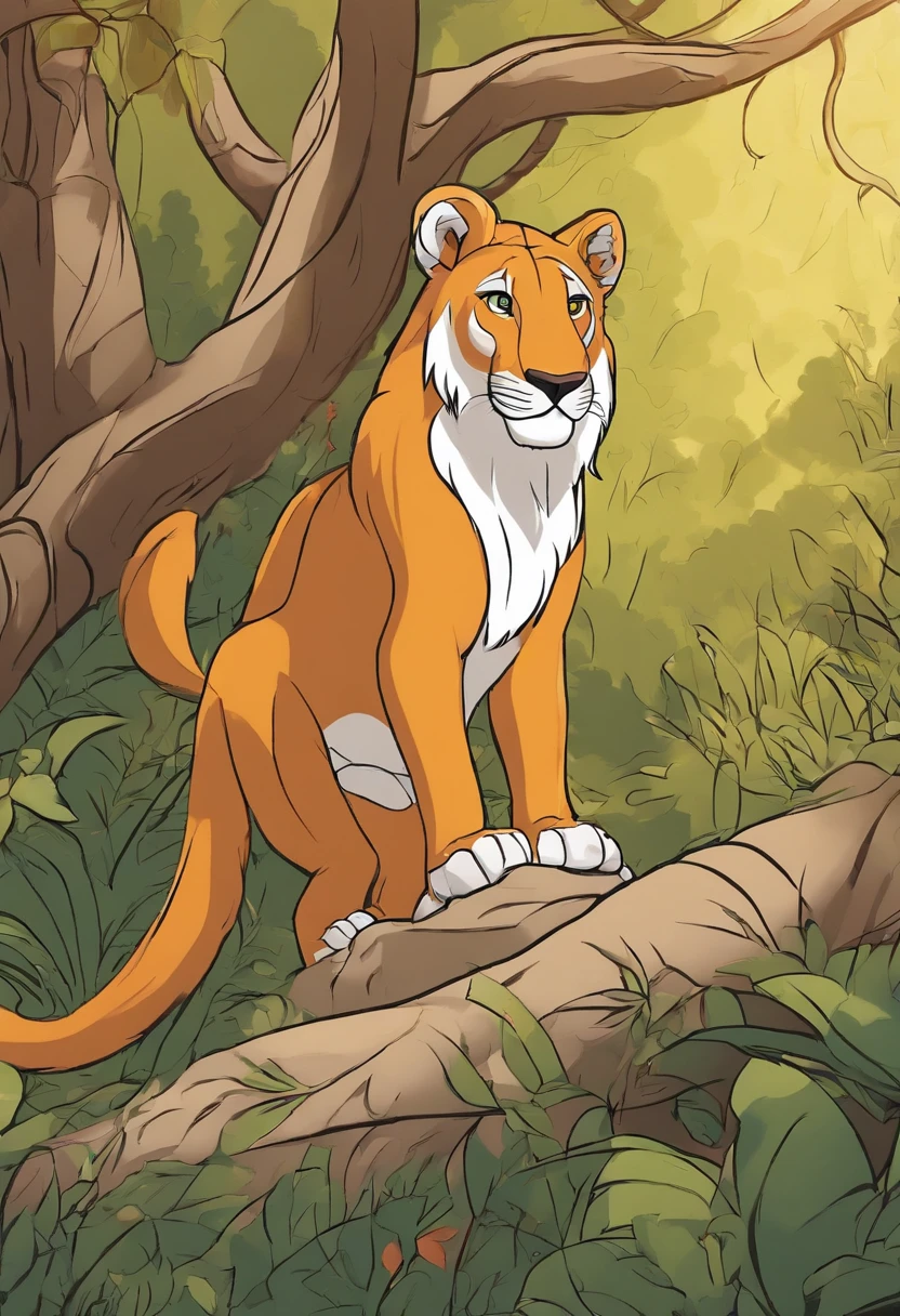 livro de colorir de um leao na floresta, estilo cartoon, linhas grossas, sem cor, fundo branco, dashes only