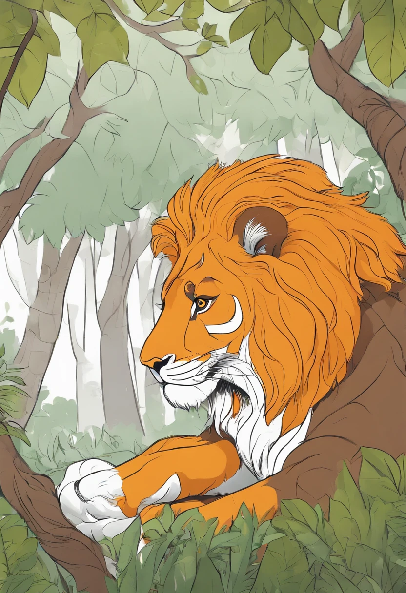 livro de colorir de um leao na floresta, estilo cartoon, linhas grossas, sem cor, fundo branco, dashes only