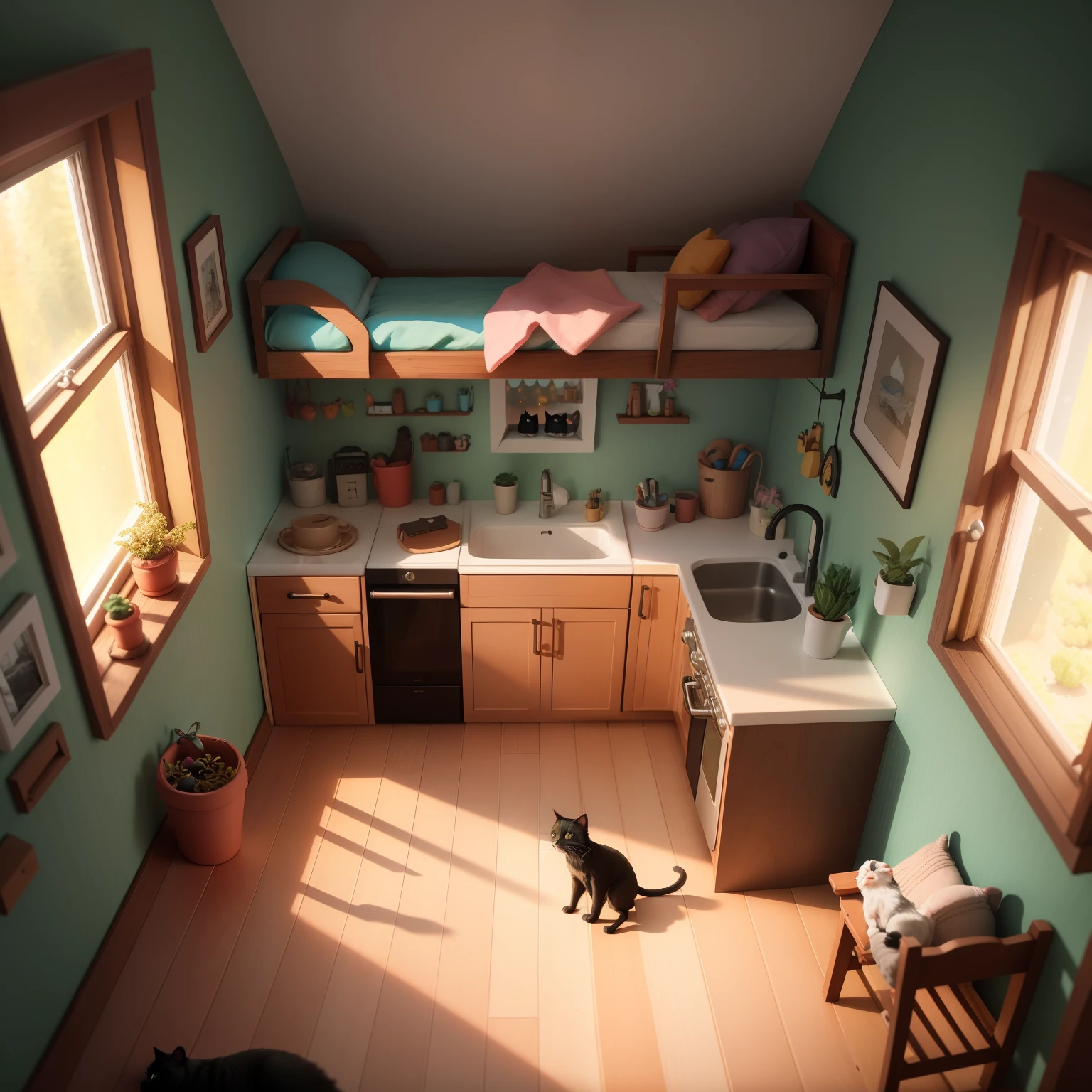 （Pixar style),A model of a cozy small house, miniature figure model, light source from right to left, 10 Rumbrandt lighting, light source from right to left, (isometric view), (top-down), realistic scale, post-processing, ((orthogonal perspective)), super detail, realistic, super realistic, realistic render, rainbow color, a ladder leading to the uper floor,  a small black cat sleeping on the bed