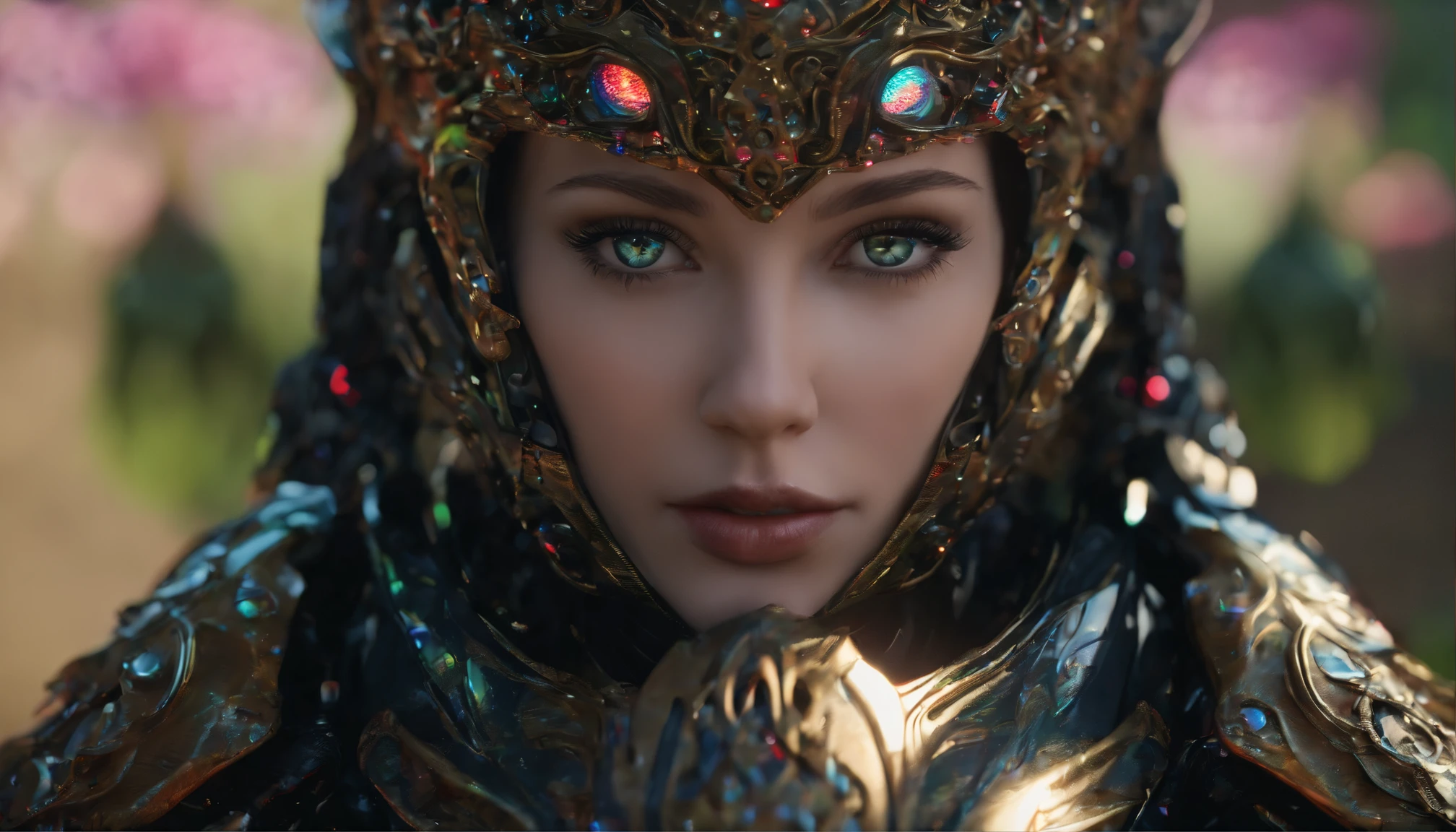 8K, Dark_Fantasy, delicate face, (delicate glass pupil: 1.5), standing full body portrait, black in one eye, red in one eye, 1 person, cyber armour, rainbow garden