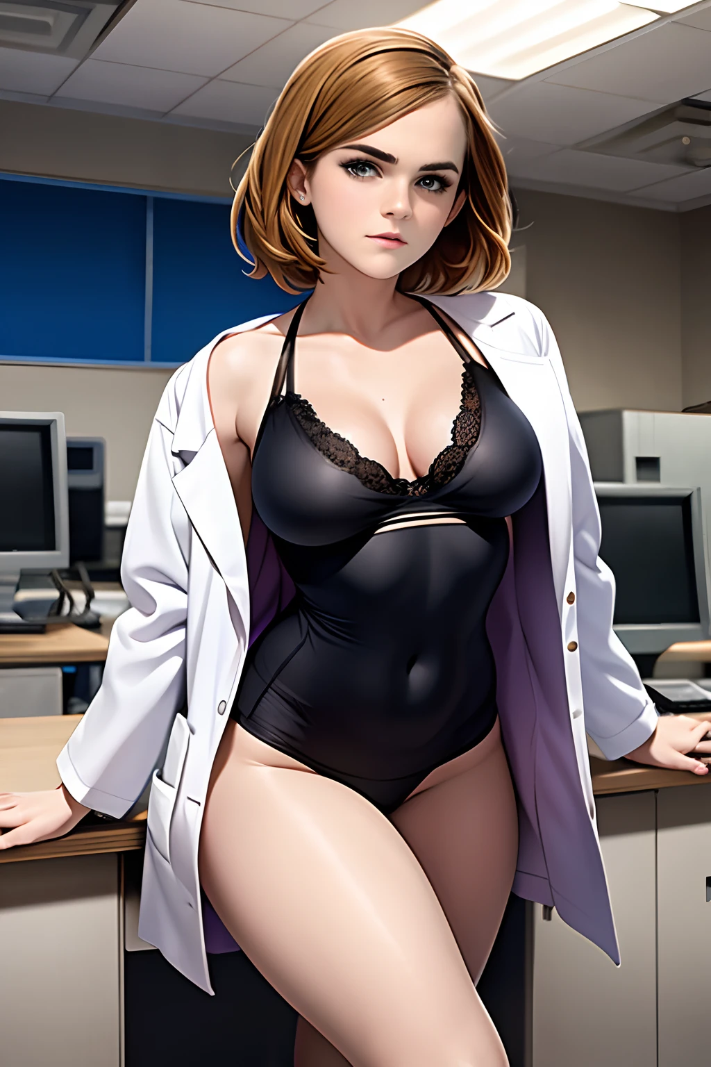 Emma Watson, seductive pose, wearing lab coat, wearing laboratory clothing, in a laboratory, chemistry equipment in background, tight clothing, lots of cleavage, big breasts,