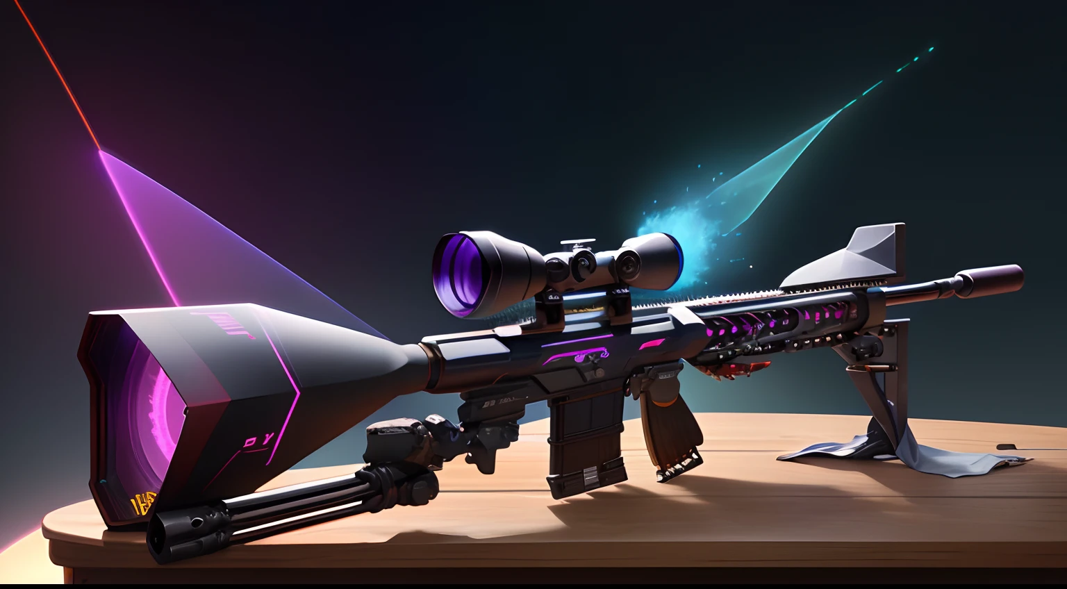 High res,high quality, (corrupted sniper rifle), a void like feeling to the sniper rifle,glyphtech ,hologram, glyphs, symbols, ,scifi, rifle on a table, (simple background:1.3)