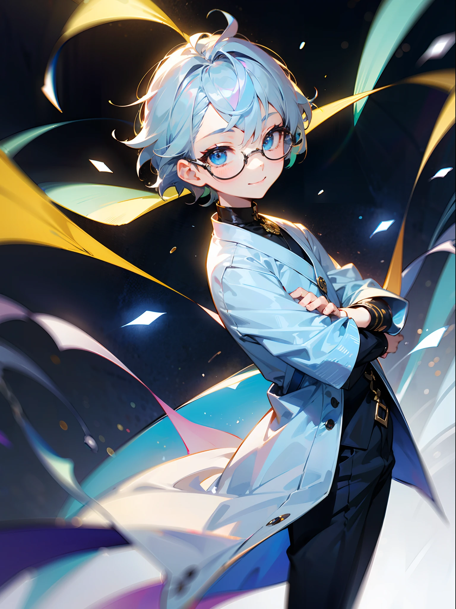 (Male child, eye glasses,blue eyess，A smile, silber hair)，独奏、Iridescent background、Leader Model Pose