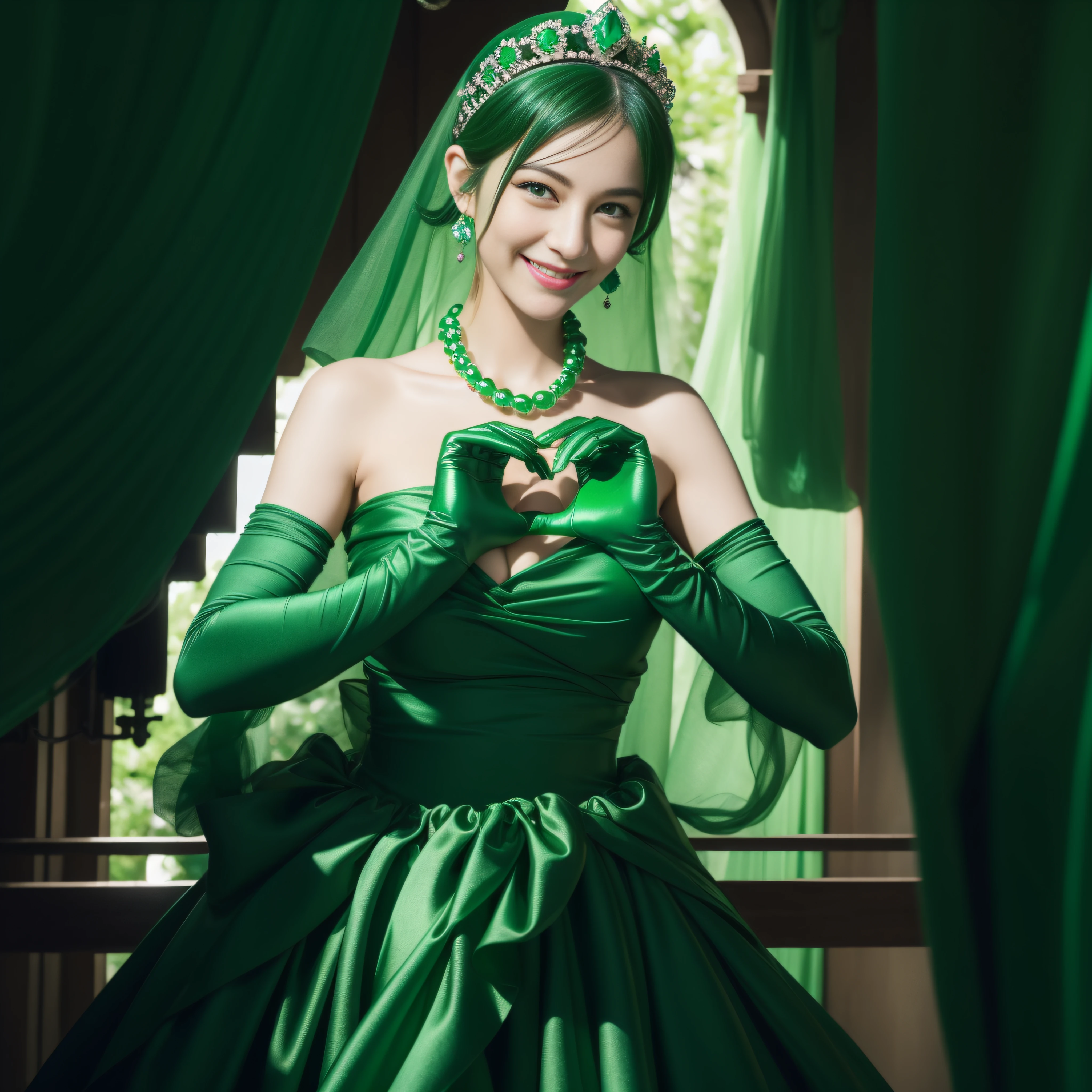 emerald tiara, Green Pearl Necklace, Boyish very short black hair, lipsticks, Japan woman smiling, very short short hair,  big breasts beautiful, Green eyes, Long green gloves made of satin material, Green eyes, Emerald Earrings, green vale, Heart with both hands