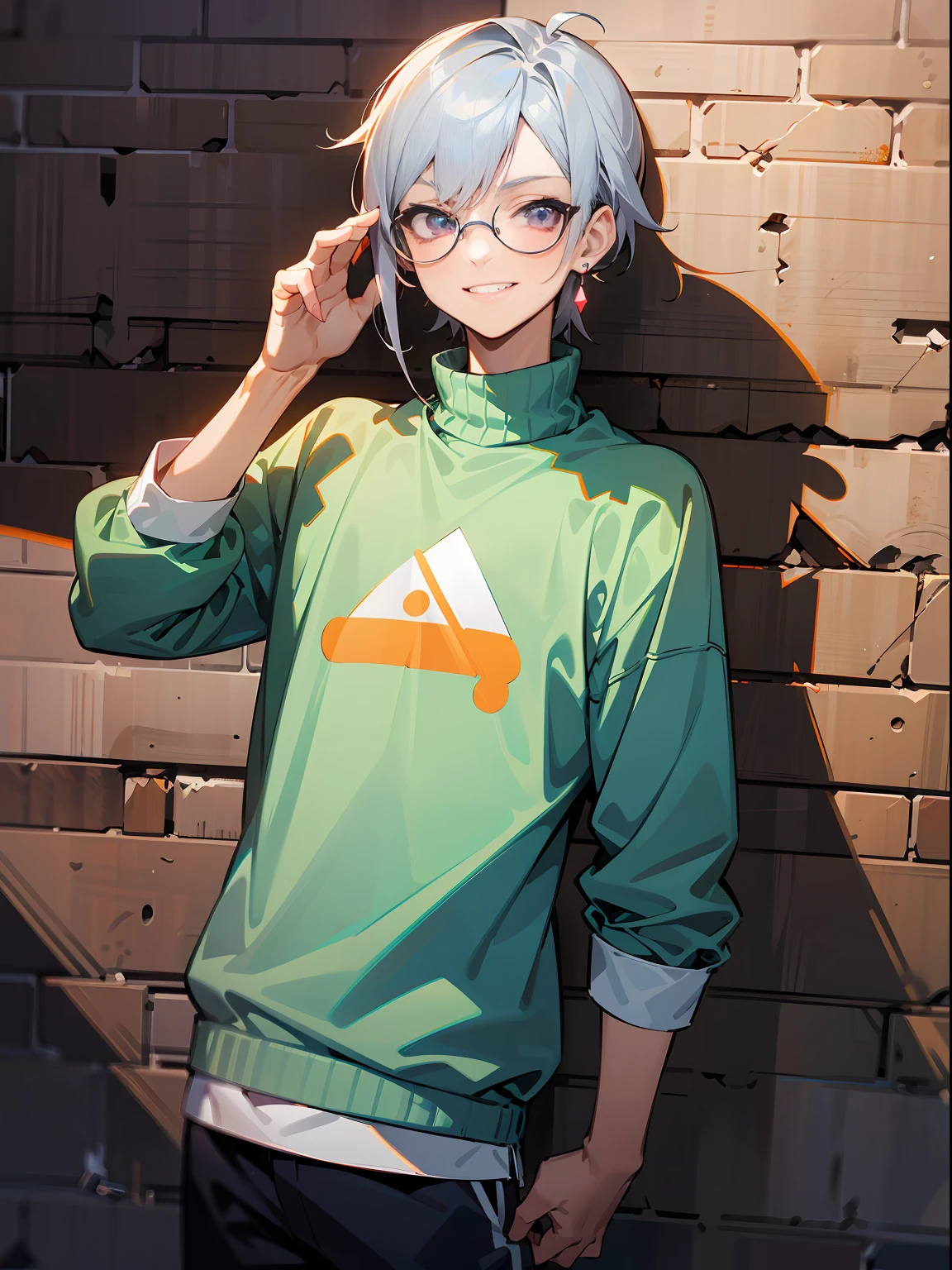 (Male child, eye glasses,A smile, silber hair，cowboy  shot),masutepiece, Best Quality, absurderes, Perfect Anatomy, Solo, Matoi, earrings, Sharp eyes, Choker, Neon Shirt, Turtleneck sweater, Night, Against Wall, Brick wall, Graffiti, Dim lighting, backstreet, Looking at Viewer,
