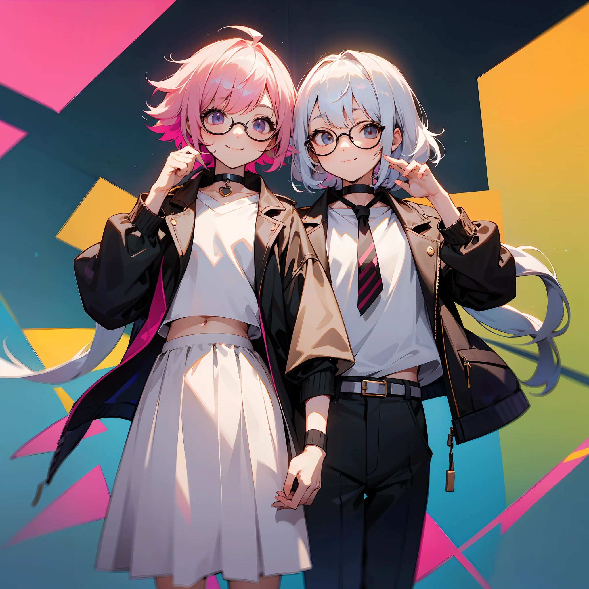 (Male child, eye glasses,A smile, silber hair)、独奏、jaket、Black jacket、Iridescent background、a choker、razor、Leather jacket、O cabelo multicolorido、cowboy  shot、Color Inner Hair、bangss、White shirt、Fluffy clothes、Two-tone、Viewer's Perspective、is standing、a closed mouth、A pink-haired、Hand up、croptop、sideways Facing