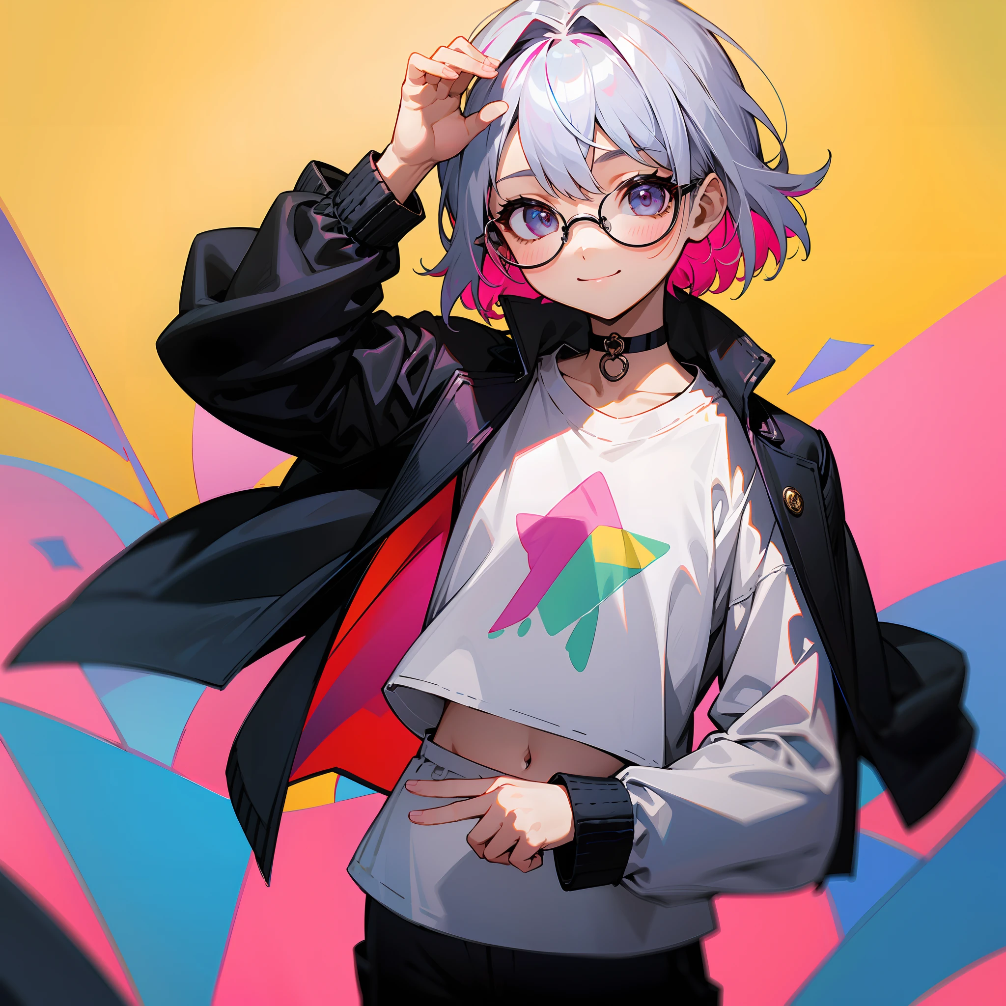 (Male , eye glasses,A smile, silber hair)、独奏、jaket、Black jacket、Iridescent background、a choker、razor、Leather jacket、O cabelo multicolorido、cowboy shot、Color Inner Hair、bangss、White shirt、Fluffy clothes、Two-tone、Viewer's Perspective、is standing、a closed mouth、A pink-haired、Hand up、croptop、sideways Facing