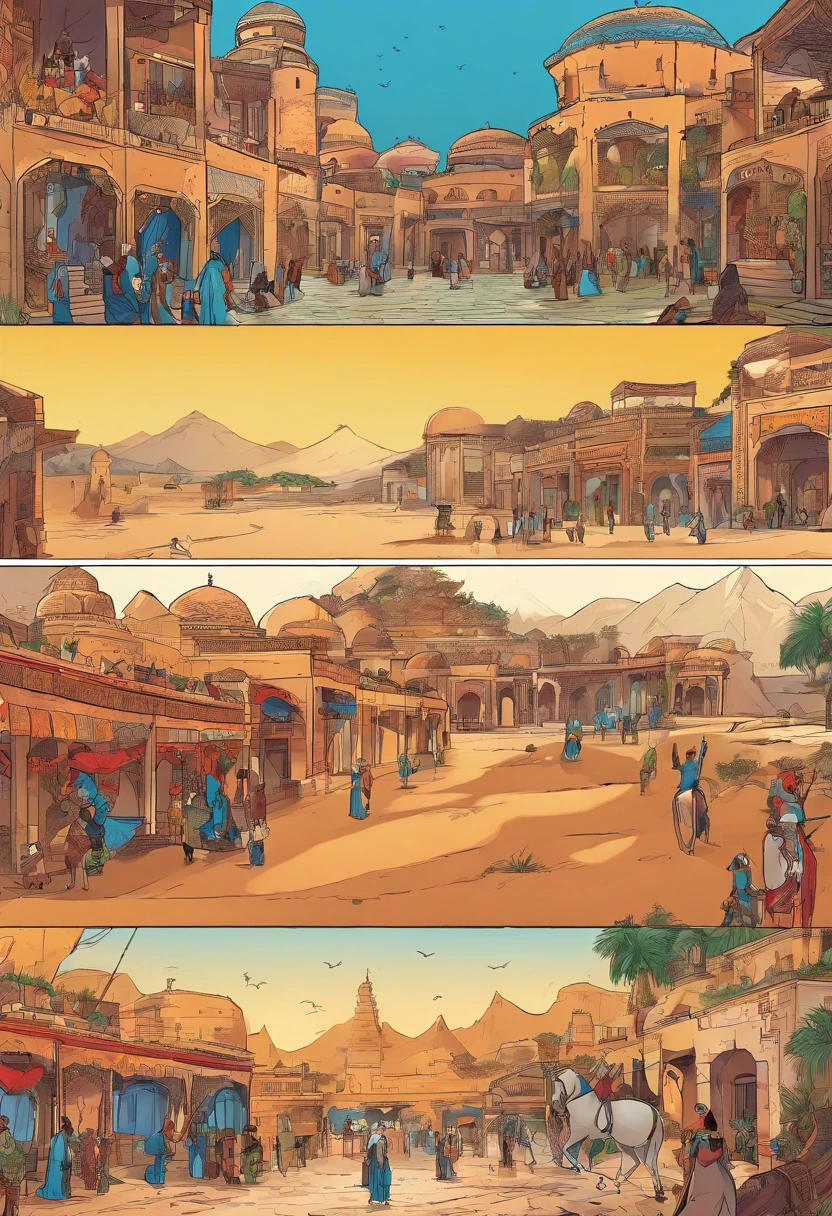 American comics, The comic story is presented in multiple irregular colored panels，The envoy arrived in Turpan，He was received by the King's personal envoys，Exotic，Typical Middle Eastern style architecture