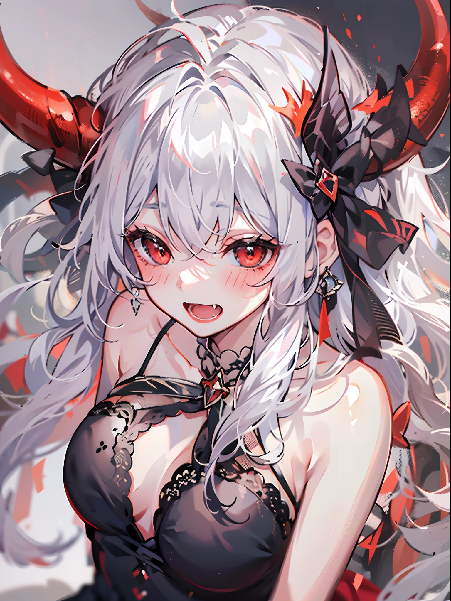 Beautiful girl, demon, red horn, fang, open mouth, red bright eyes, beautiful eyes, black dress, white hair