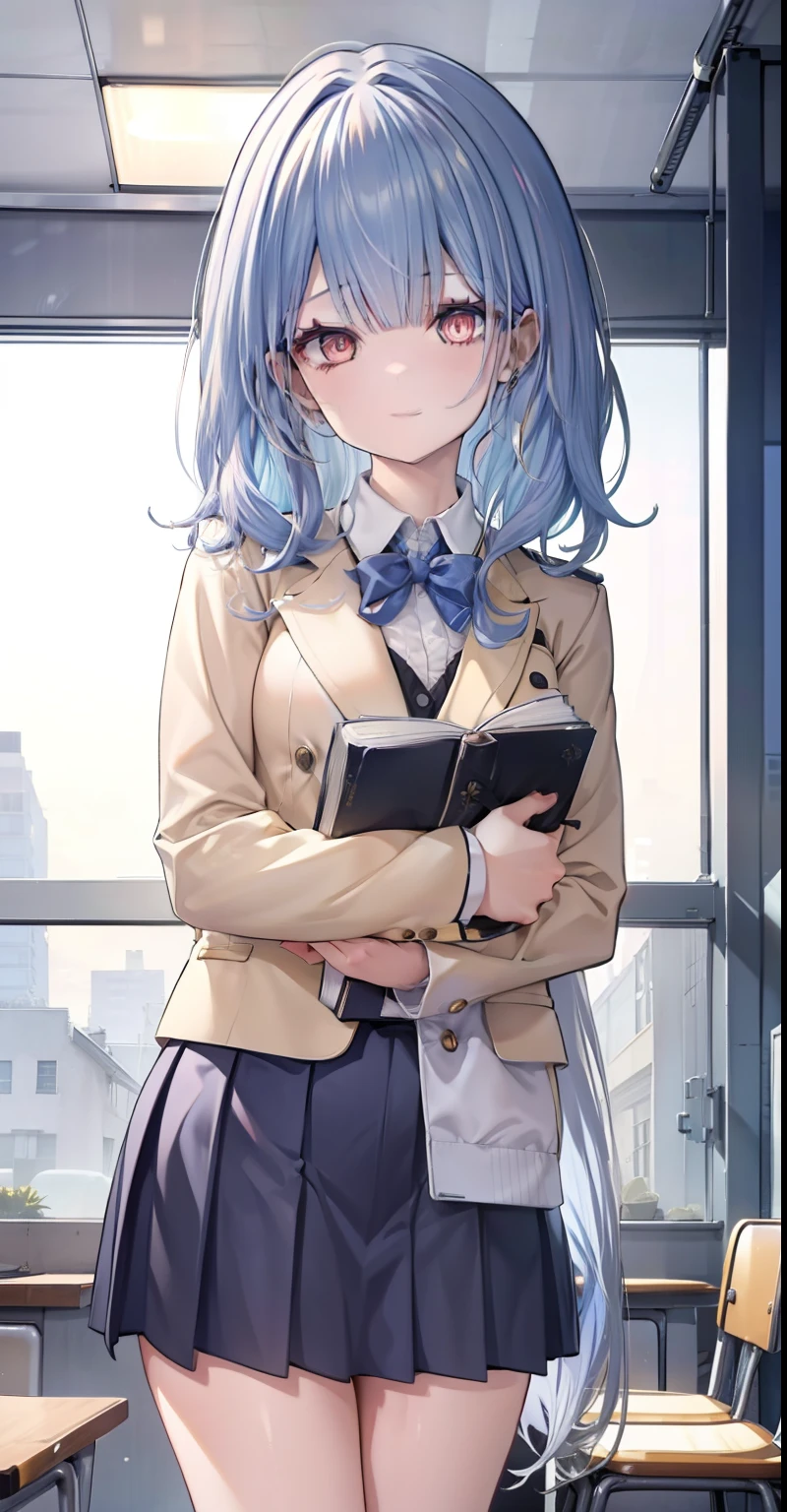 Anime girl in a school uniform, yellow hair, curly hair, short fur, shoulder-length hair, {{silver eyes}}, round eyes, smiling, {{dark red blazer}}, black skirt, standing, Book Detention, Classroom History, Desks, Chairs