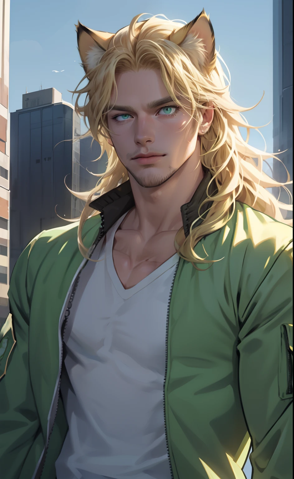 Green bomber jacket, one male, cat ears, long hair, blond, blond hair, green eyes, tall, muscular, white shirt, beautiful face, highest quality, masterpiece, 2d, anime, perfect face, highest detail, feline eyes, stubble, cat tail, wavy hair, cowboy shot, detailed face, intricate details, looking away, city background,