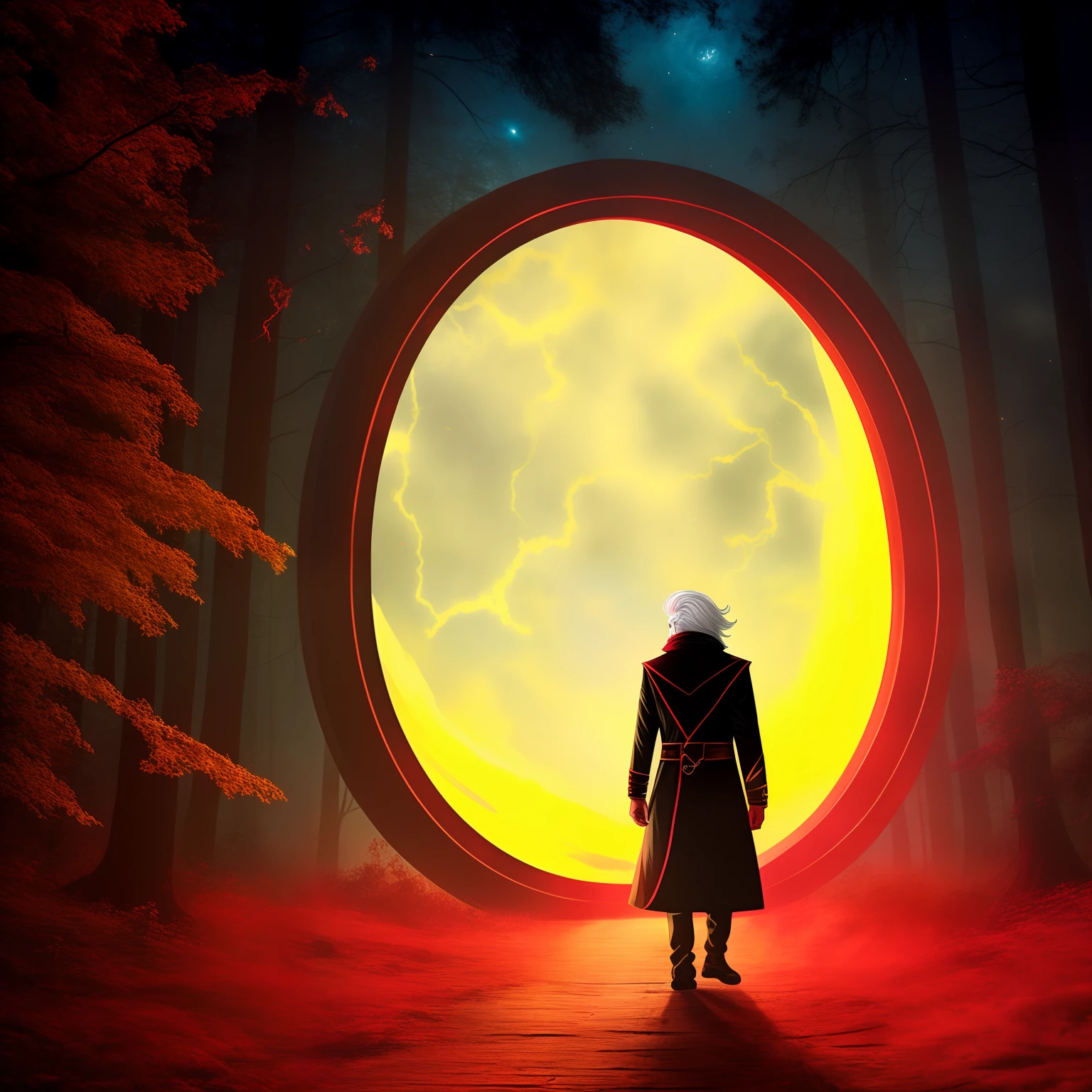 A mysterious man with white hair, yellow-glowing eyes, and red clothes stepping out of a red and black magical portal.