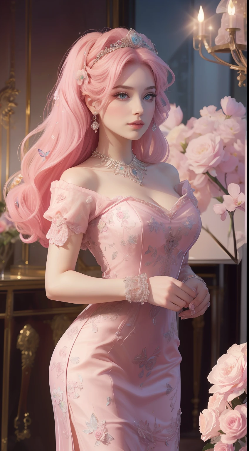 tmasterpiece，Highest image quality，Beautiful bust of a royal lady，Delicate pink hairstyle，Embellished with a dazzling array of intricate jewelry，super detailing，upscale, have pink shinning eyes, wearing floral pink dress,pink roses ,  flowers, butterflies,