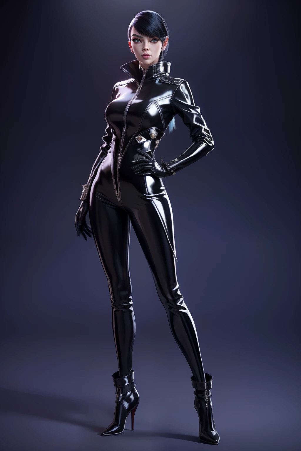 best quality, (RAW photo:1.2), (masterpiece:1.4), (photorealistic:1.4), (highres:1.4), depth of field, flight attendant, intricately detailed, 8k, extremely detailed, perfect lighting, epic background, solo, super fine photo, ((portrait digital art)) Unreal Engine 5 8K UHD of a girl, wearing super shiny ((black and gold latex catsuit with body straps and harness)), arms and legs rubber straps, black latex corset, black latex gloves, latex high heels, dark purple short hair, ((faceless latex hood and mask)), fashion design, best quality, masterpiece, super detailed, sexy standing pose, sharp focus
