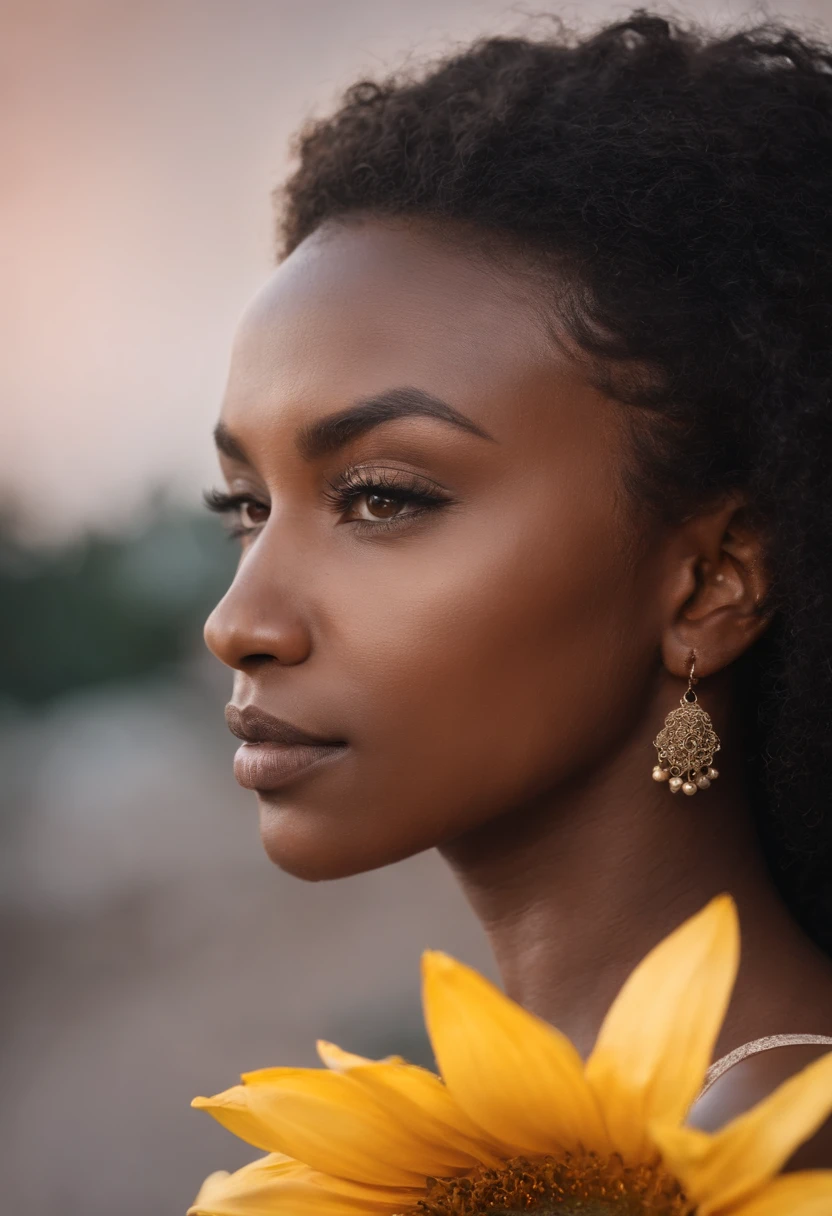 Black dark-skinned photographer, gorda, cabelo grande, pontas loiras, nariz largo, afro, cabelo cacheado, camera in hand, Nikon Camera, tatuagem no ombro, tatuagem no punho, and the sunflower on the forearm
