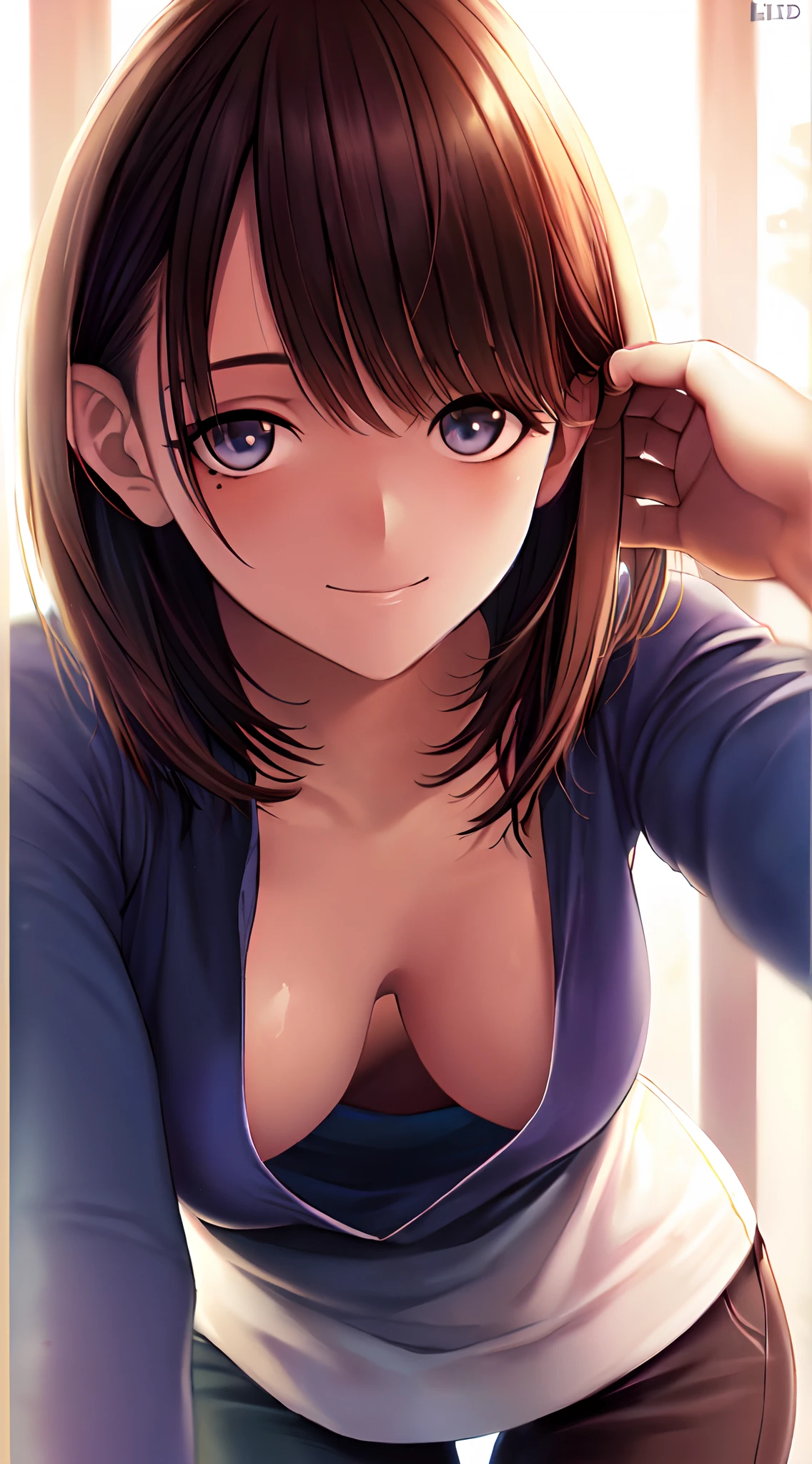 ((Best Quality, 超A high resolution, masutepiece:1.3)), 1girl in, Leaning forward, breasts, cleavage, (Middle hair), (Loose T-shirt, downbrouse), Beautiful eyes, Smile, (highly detailedskin), (Detailed face), Detailed eyes, nice hand, Perfect hands