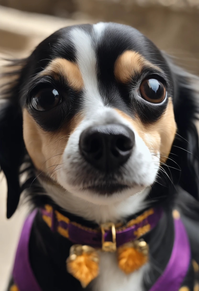 Joker chihuahua tricolor preto pelo longo terno roxo coringa
