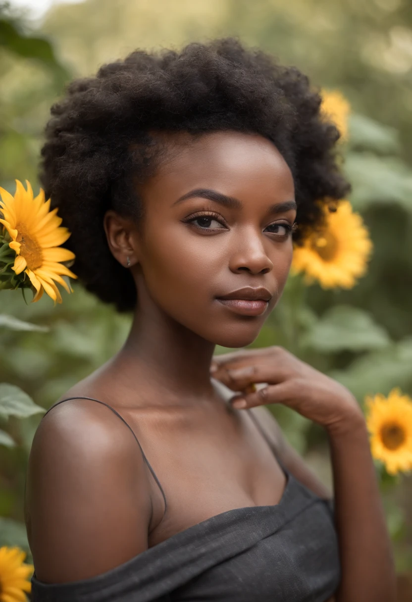 Dark-skinned black photographer, gordura, cabelo grande, pontas loiras, nariz comprido, afro, cabelo cacheado, Camera in hand, Nikon Camera, tatuagem no ombro, tatuagem no punho, and the sunflower on the forearm, fotographer, 3dt