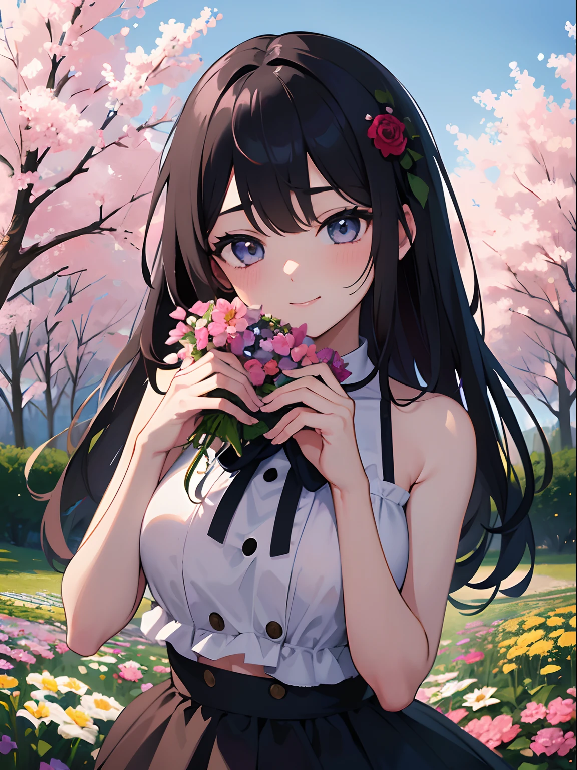 A girl、(masterpiece:1.4)、(in 8K、realisitic、Raw photo、top-quality:1.4)、(Real Face:1.4)、(real looking skin:1.3)、超A high resolution、A hyper-realistic、Eyes in Beautiful Details、Long black hair、Floral hair ornament、Black dress、no-bra、(medium-breasted:1.5)、gargantilha、Blushing、smil、alluring face、flower field、I'm holding a bouquet of flowers