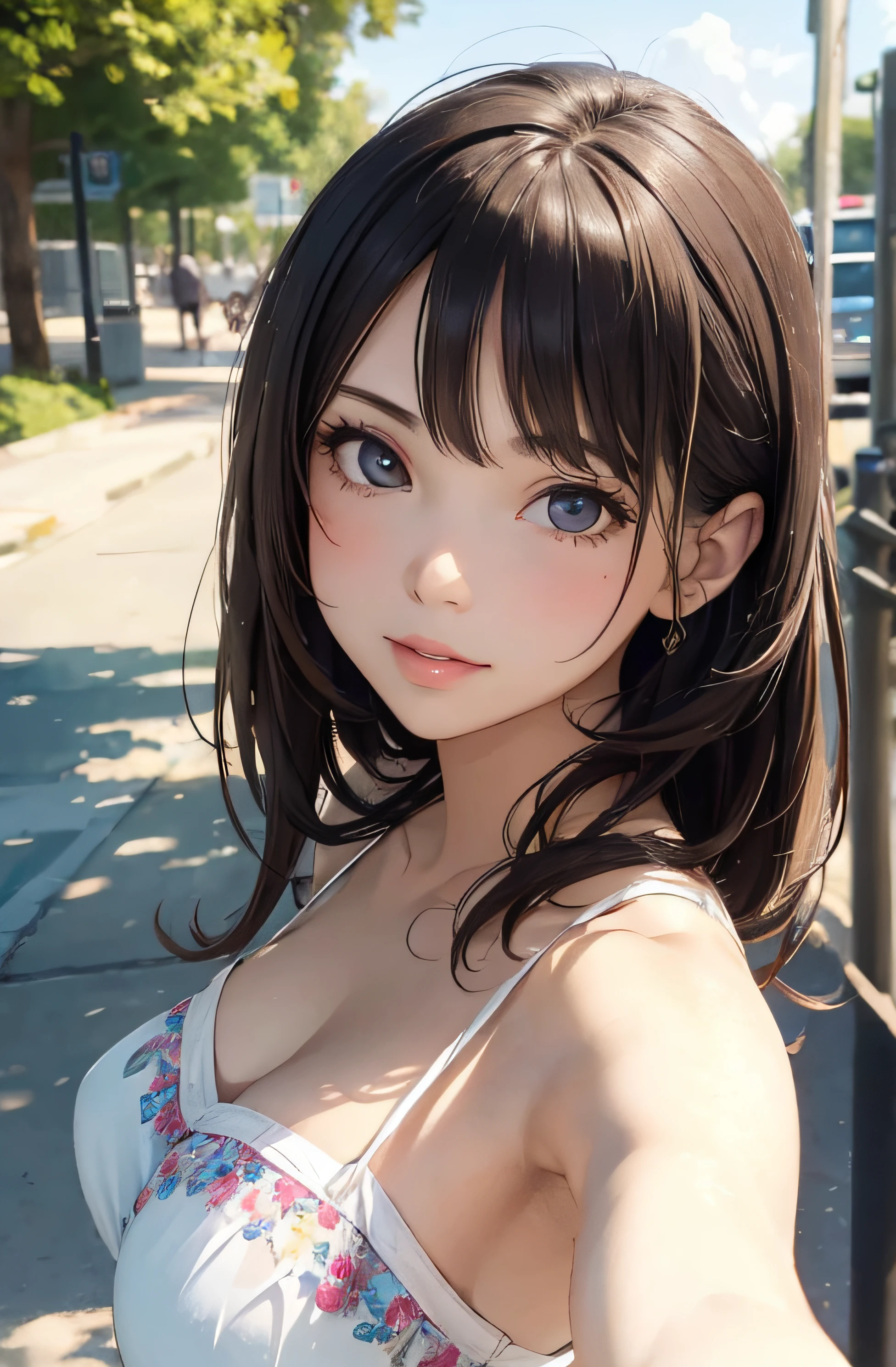 girl in summer clothes, casual dress, making as if she wants to kiss you, (girl bending down looking at camera), medium breasts, random hair color, cleavage, random background, flirtatious look, ((very detailed)), (perfectly detailed face), (well detailed hand) photorealistic image.