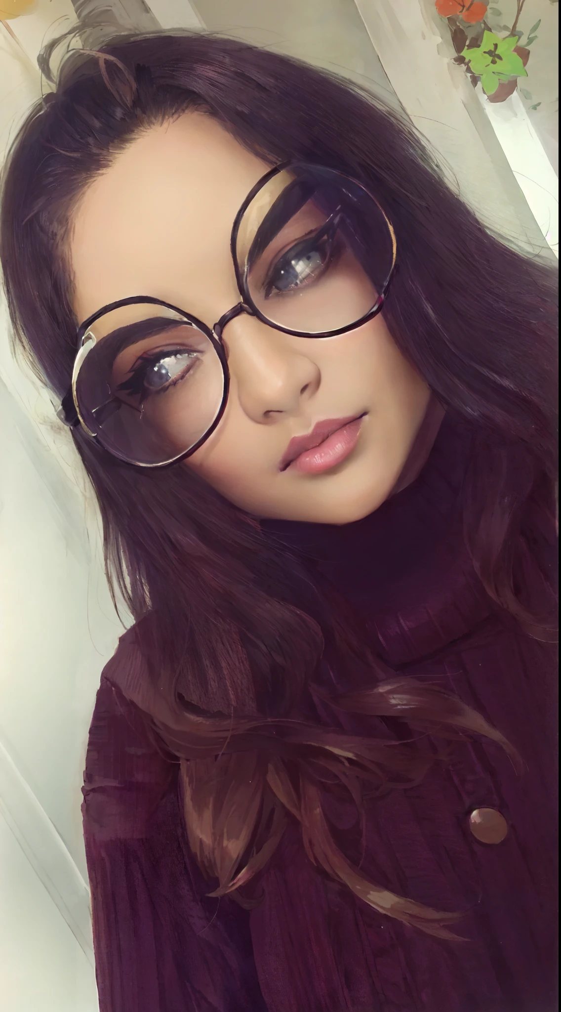 arafed woman with glasses and a sweater posing for a picture, she wears harry potter glasses, thick glasses, big round glasses, profile image, round glasses, girl wearing round glasses, heavy makeup, with glasses, wearing round glasses, with square glasses, charli bowater, wearing big black circle glasses, wavy long black hair and glasses, 90s make-up