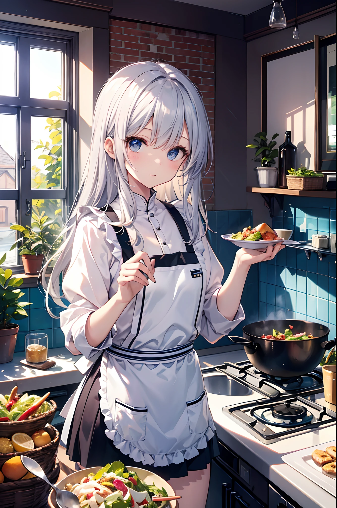 (masutepiece, Best Quality:1.2), 1girl in, Solo, Cute, kawaii, digitalart、Aimei、(long, Beautiful,Silver hair.Flowing in the wind)、Apron、a miniskirt、Kitchen scenery、Cooking dishes(Serve the salad)、brightly lit room, Confident expression 、glistning skin、Small-faced beauty,、High Angle Lens、perfect-composition、Perfect light and shadow delicacy、8K