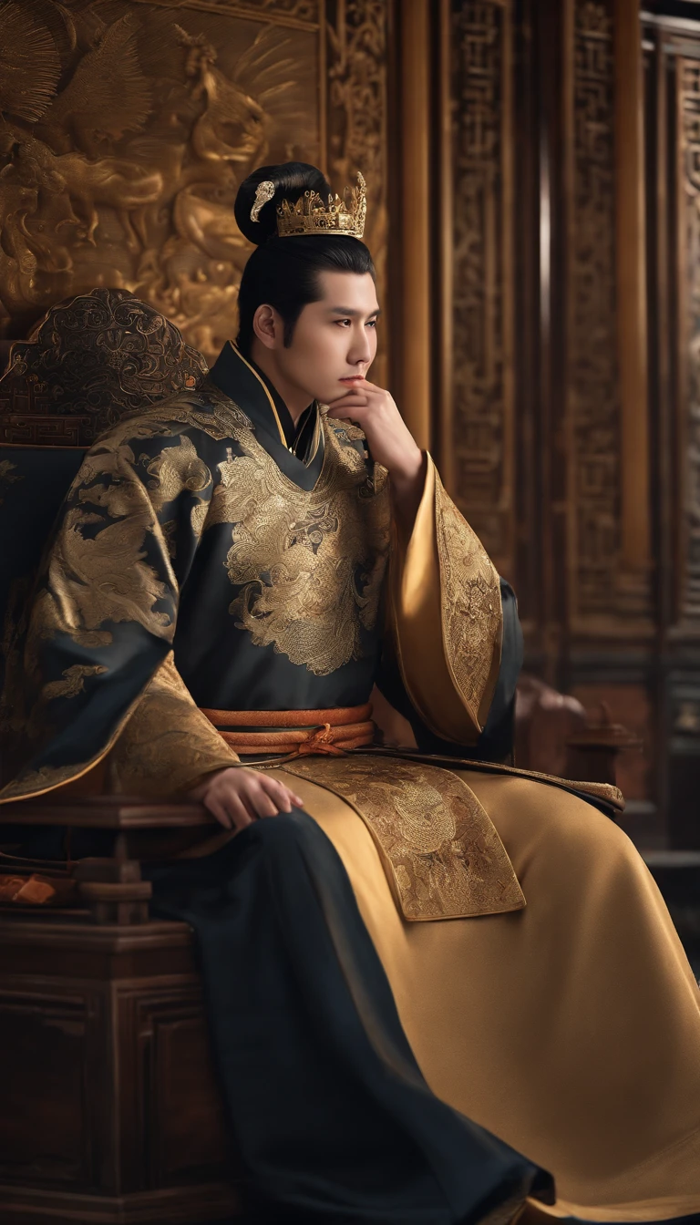 (Perfect details: 1.5, 8K wallpaper, Masterpiece, Best quality, Ultra-detailed) A man, Emperor, Delicate facial features, Asian face, Short black hair, Fine hair, hair tying, Gold silk embroidered dragon robe, Hanfu, sitting on a dragon chair, Hands on the head, palace background, Ancient Jin Emperor Crown