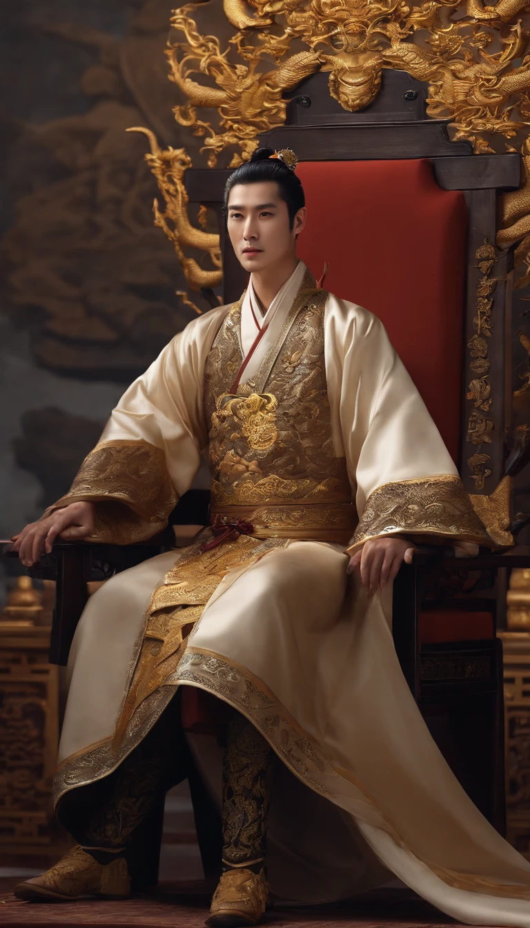 (Perfect details: 1.5, 8K wallpaper, Masterpiece, Best quality, Ultra-detailed) A man, Emperor, Delicate facial features, Asian face, Short black hair, Fine hair, hair tying, Gold silk embroidered dragon robe, Hanfu, sitting on a dragon chair, Hands on the head, palace background, Ancient Jin Emperor Crown