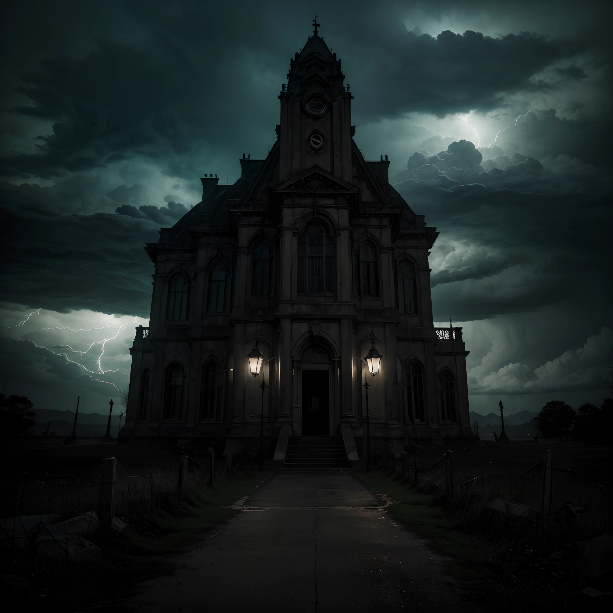 (best quality,8k,ultra-detailed,realistic:1.2),Palácio do Alvorada in Brasilia, Brasil, illuminated by lightning, dark and heavy clouds, intricate details, 3D rendering, horror style, HDR, haunting atmosphere,dramatic shadows,ominous tone,intense colors,thunderbolts,stormy sky,storm clouds,haunted appearance, mysterious ambience,foreboding,nightmare-like,gothic elements,creepy vibe,detailed architecture,moody lighting,unsettling atmosphere,spooky ambiance,menacing shadows,grim and desolate feeling,dramatic contrast,desaturated colors,hauntingly beautiful,ominous presence