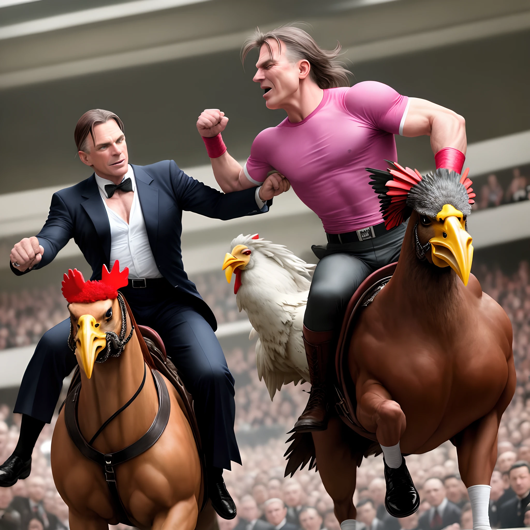 Bret “Hitman” Hart and Bryan Adams fighting Hitler who is riding a giant chicken