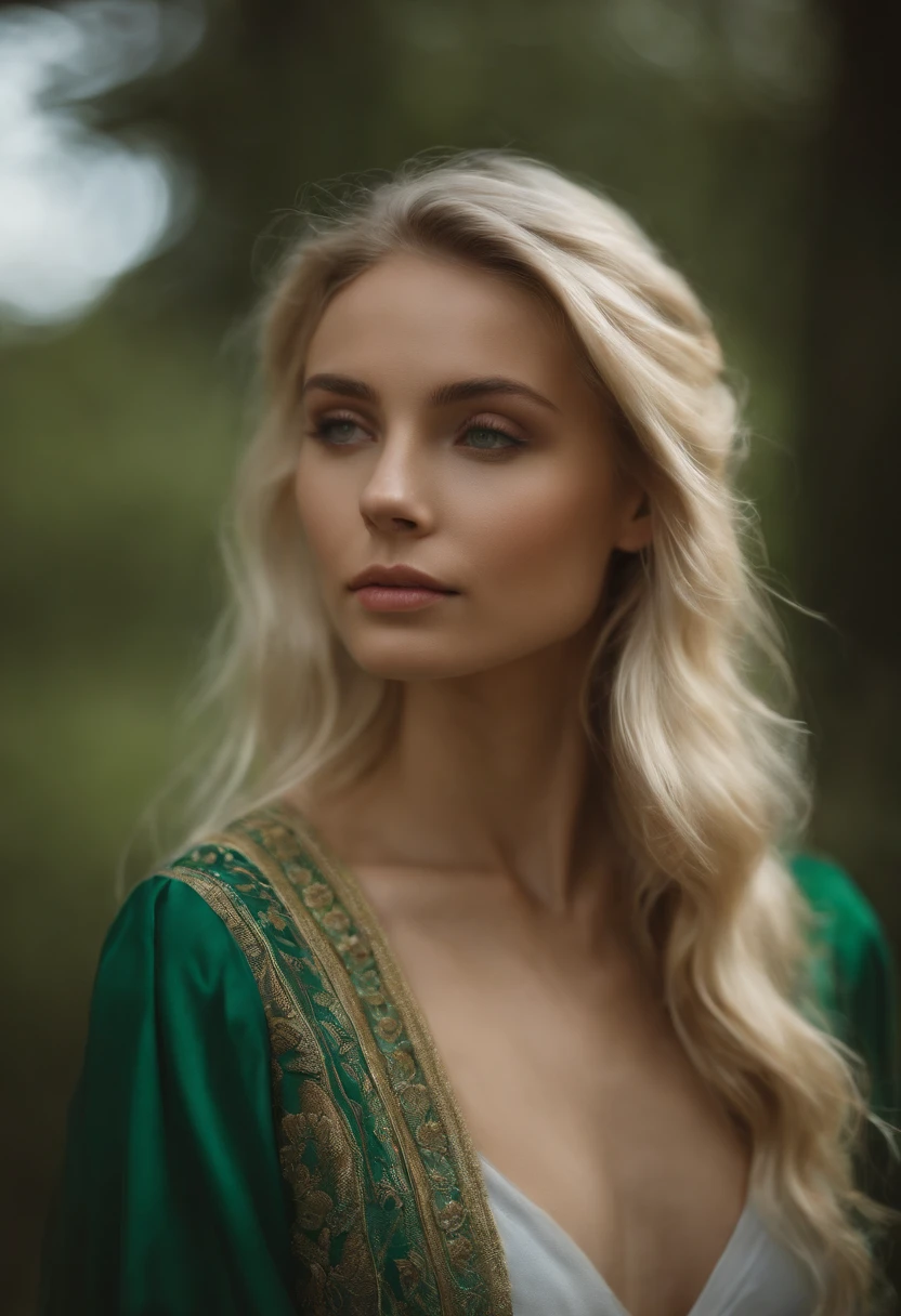 A 24-year-old green and blonde woman, a quiet girl, serene