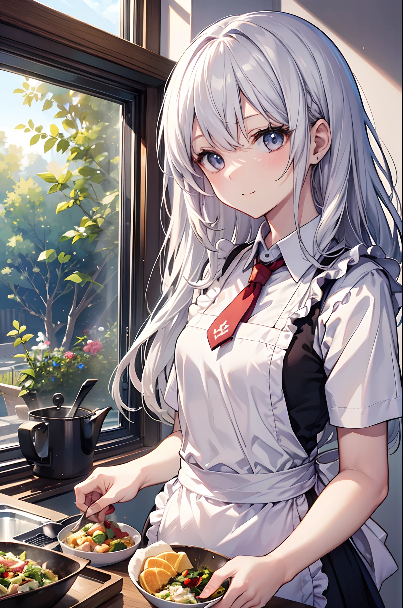 (masutepiece, Best Quality:1.2), 1girl in, Solo, Cute, kawaii, digitalart、Aimei、(long, Beautiful,Tie silver hair)、Apron、a miniskirt、Bright kitchen landscape、Cooking dishes(Serve salad)、brightly lit room, Confident expression 、glistning skin、Small-faced beauty,、High Angle Lens、perfect-composition、Perfect light and shadow delicacy、in 8K、Beautiful 5 fingers