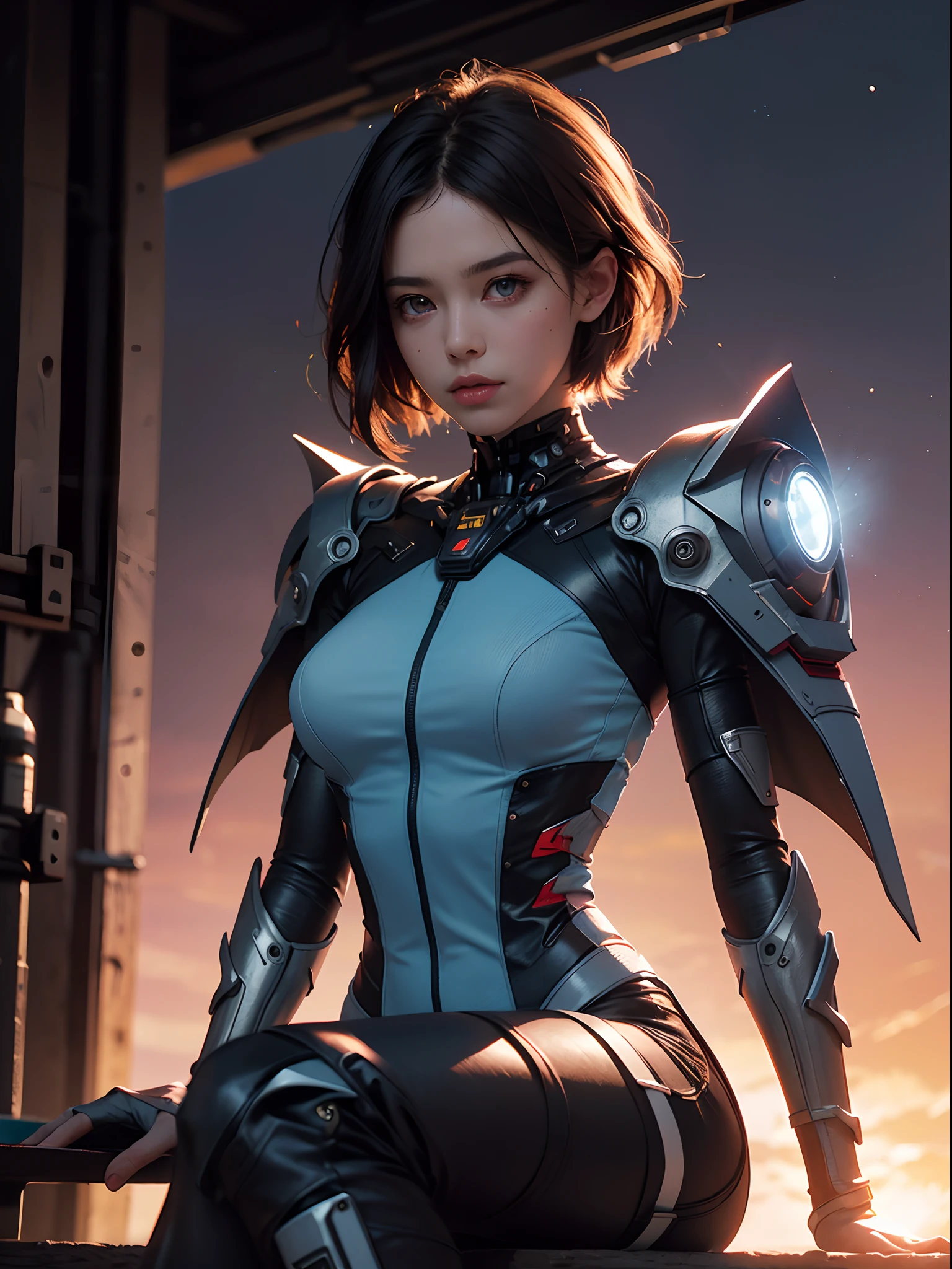 Unbeatable masterpiece, Ultra photo realsisim , Perfect artwork , Intricate details , Best quality , Strong light , High contrast , Dynamic pose , Dutch angle , (Blurry, Depth of field, blurryforeground:1.35) , Sitting on a mecha device, 8K, ultra detailed graphic tension, dynamic posture, stunning colors, 3D rendering, surrealism, movie lighting effects, realism, 00 renderer, ultra realistic, full body photos, ultra long range, ultra wide angle, high-definition, (light blue short hair: 1.1), (red eye: 1.1), (Starlight,Sunset , Lens flare:1.25) ,