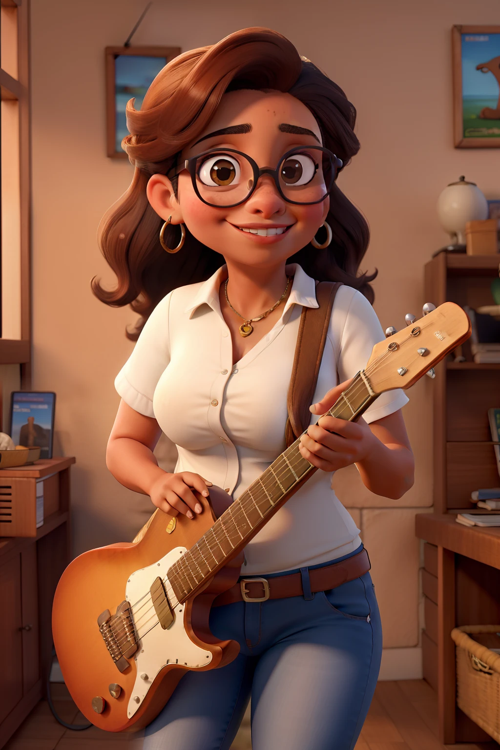 Uma mulher gorda, morena, pele marrom escuta, cabelo cacheado escuro tamanho grande, wearing prescription glasses , playing the guitar, olhando pro mar