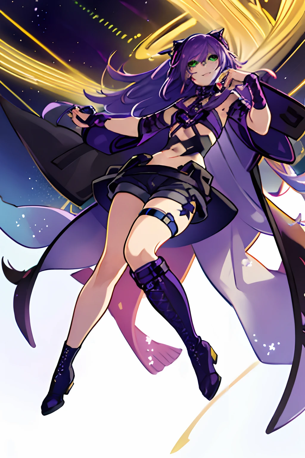 ((masterpiece)),((best quality)),ultra-detailed,illustratio,Explicit,Beautiful body,Beautiful Nose,Beautiful character design,perfect eyes,perfect face,wallpaper,ultra highres,4K,photography,(beautiful face:1.2),beautiful legs,perfect legs,shiny skin,official style,nsfw,official art,sanime screencap,anime coloring, ((Femboy))
1boy,solo,long hair,green eyes,boots,purple hair,navel,shorts,knee boots,full body,very long hair,looking at viewer,black footwear,star (symbol),black shorts,thigh strap,shorts,holding,bangs,smile, outside, orchestra,(( Close Up stopping at the thighs))