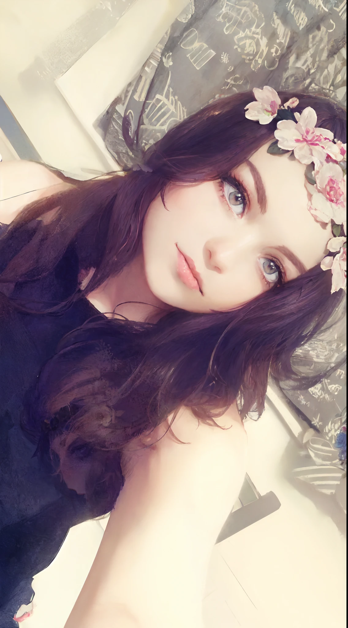 there is a woman with a flower crown on her head, charli bowater, flowers in her dark hair, snapchat photo, flowers around, 1 8 yo, shaded, profile image, 18 years old, beautiful gorgeous, italian looking emma, kaitlyn michelle siragusa, profile pic, with flowers, discovered photo, beautiful girl, roses in her hair