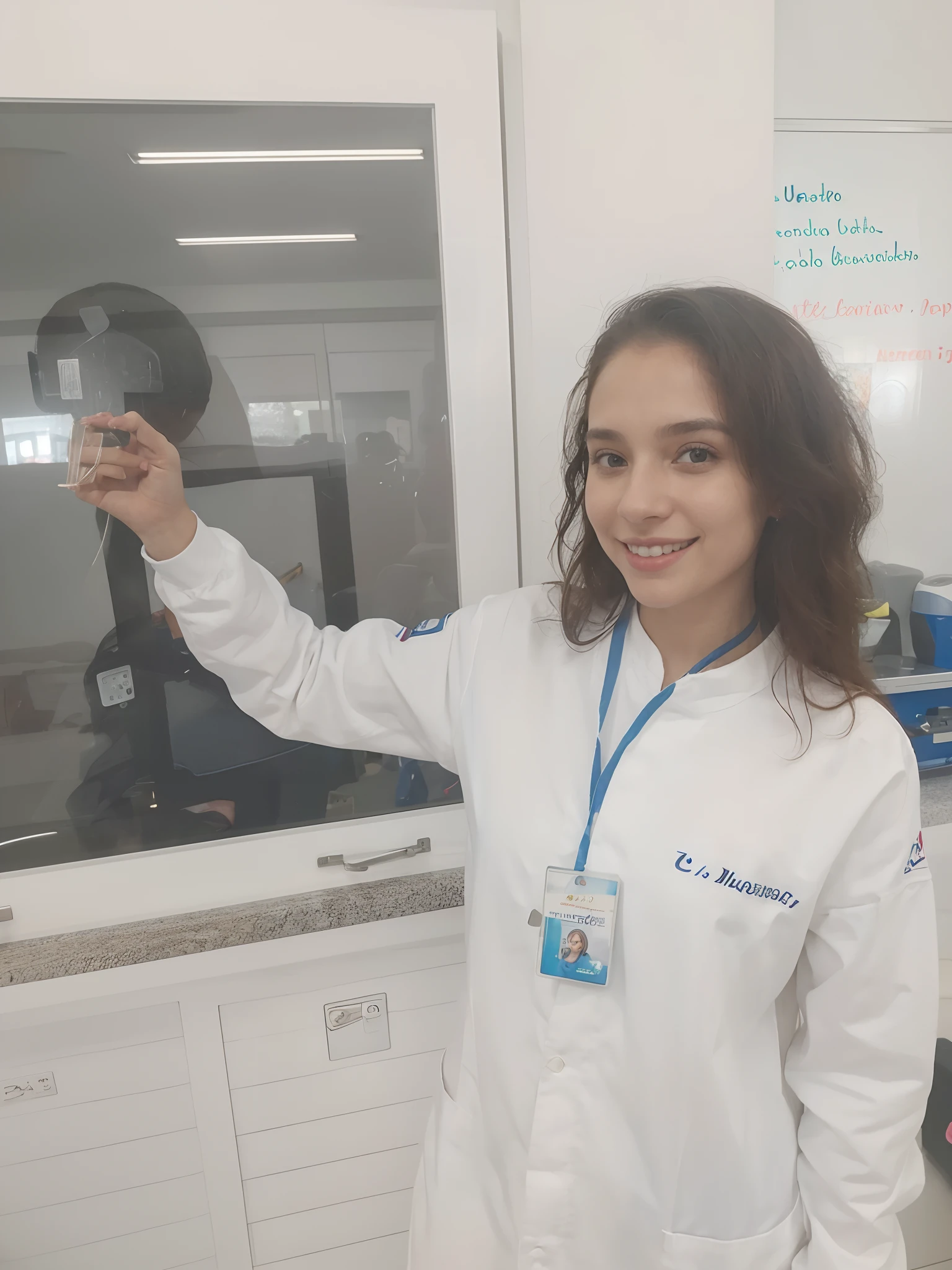There's a woman who's holding a becker, menina usando um jaleco, menina de cabelo cacheado, menina cientista
